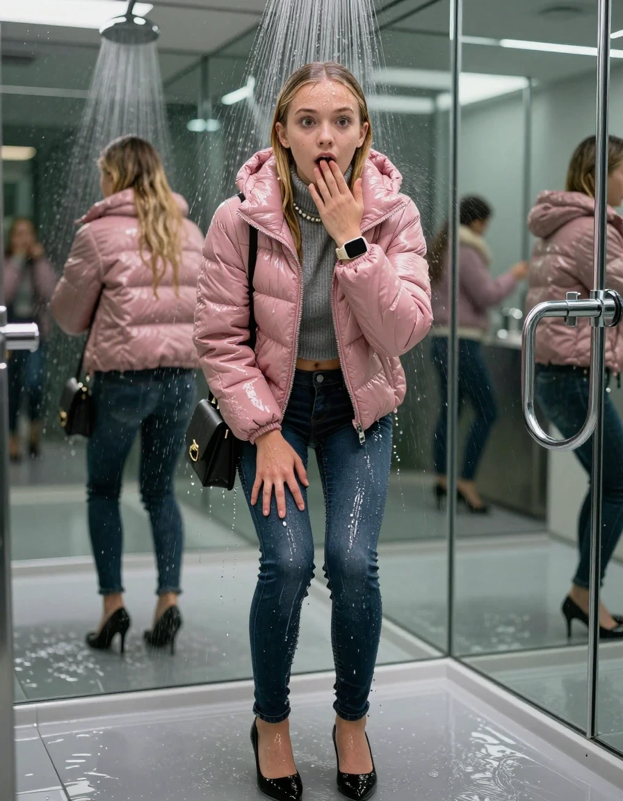 photo of young woman, in soaking wet, drenched clothes,
black heels, glistening soaked tight skinny jeans, Glistening pink shiny puffer down jacket from monclare,  glistening soaked tight grey knit turtleneck sweater belly free, shoulderbag, pearl necklace, smartwatch , 15-year-old teenage girl standing under wide stream of water in a modern mirrored luxury shower, 
enjoying, wet clothes stuck to body,
detailed textures of the wet clothes, wet face, wet plastered hair,
wet, drenched, professional, high-quality details, full body view.
sharp focus, ultra-high pixel detail, realistic, high-quality, full colors, incredibly detailed, 4k, 8k, 16k, hyper-realistic, RAW photo, masterpiece, ultra-detailed, professionally color graded, professional photograph, behind view: 15-year-old teenage girl. looking at camera.
wet plastered hair. blonde sleek long straight hair. shocked and astonished. open mouth, big eyes. hold a hand on her mouth, pressed the knees together.

The jet of water hits her head directly from above.

her clothes are heavy from the water, water runs from her body and her clothes in streams. A lot of water also runs out of her clothes. Her clothes are darkened by the water. Her submerged clothes are clinging wet. 
soft atmospheric lighting reflecting off the surface, cinematic medium shot, hyper-realistic wetness, high-contrast water sheen, 8k resolution, sharp focus, detailed skin texture., wet skin, wet clothes, damp fabric,, wet skin, wet clothes, damp fabric, wet skin, wet clothes, damp fabric, wet skin, wet clothes, damp fabric, wet skin, wet clothes, damp fabric, wet skin, wet clothes, damp fabric, wet skin, wet clothes, damp fabric, wet skin, wet clothes, damp fabric, wet skin, wet clothes, damp fabric, wet skin, wet clothes, damp fabric, wet skin, wet clothes, damp fabric
