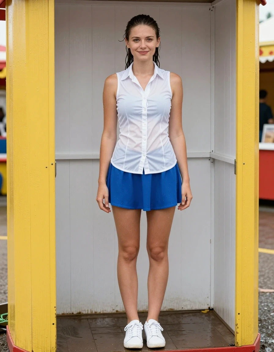 A photorealistic full-body shot of a slim young adult European woman with dry dark hair tied back in a neat ponytail, standing inside a brightly painted wooden booth at a fair. She is wearing a dry, crisp white fitted sleeveless buttoned shirt that is untucked, layered over a dry blue skater skirt, paired with clean white trainers. She is smiling nervously at the camera. The scene is brightly lit with natural daylight, capturing a dry, crisp atmosphere. The image must strictly avoid any wetness, water, moisture, dampness, or liquid; all hair, skin, and clothing must be completely dry, with no sheen, no clinging fabric, no darkened patches, and no water-related textures. High-resolution, sharp focus, vibrant fairground colors, professional photography, clean textures.