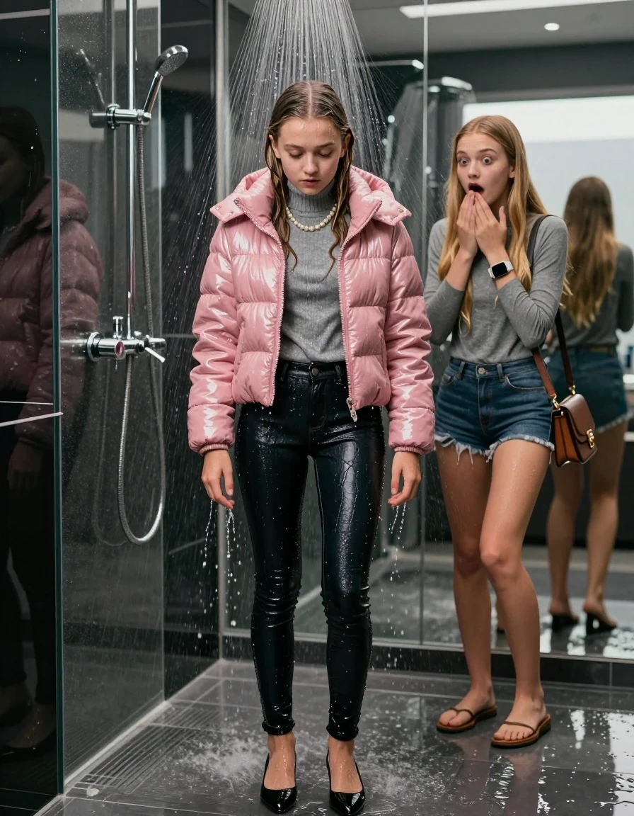 photo of young woman, in soaking wet, drenched clothes,
black heels, glistening soaked tight skinny jeans, Glistening pink shiny puffer down jacket from monclare,  glistening soaked tight grey knit turtleneck sweater belly free, shoulderbag, pearl necklace, smartwatch , 15-year-old teenage girl standing under wide stream of water in a modern mirrored luxury shower, her friend stands shocked beside her, 
enjoying, wet clothes stuck to body,
detailed textures of the wet clothes, wet face, wet plastered hair,
wet, drenched, professional, high-quality details, full body view.
sharp focus, ultra-high pixel detail, realistic, high-quality, full colors, incredibly detailed, 4k, 8k, 16k, hyper-realistic, RAW photo, masterpiece, ultra-detailed, professionally color graded, professional photograph, behind view: 15-year-old teenage girl. looking at camera.
wet plastered hair. blonde sleek long straight hair. shocked and astonished. open mouth, big eyes. hold a hand on her mouth, pressed the knees together.

The jet of water hits her head directly from above.

her clothes are heavy from the water, water runs from her body and her clothes in streams. A lot of water also runs out of her clothes. Her clothes are darkened by the water. Her submerged clothes are clinging wet. 
soft atmospheric lighting reflecting off the surface, cinematic medium shot, hyper-realistic wetness, high-contrast water sheen, 8k resolution, sharp focus, detailed skin texture., wet skin, wet clothes, damp fabric,, wet skin, wet clothes, damp fabric, wet skin, wet clothes, damp fabric, wet skin, wet clothes, damp fabric, wet skin, wet clothes, damp fabric, wet skin, wet clothes, damp fabric, wet skin, wet clothes, damp fabric, wet skin, wet clothes, damp fabric, wet skin, wet clothes, damp fabric, wet skin, wet clothes, damp fabric