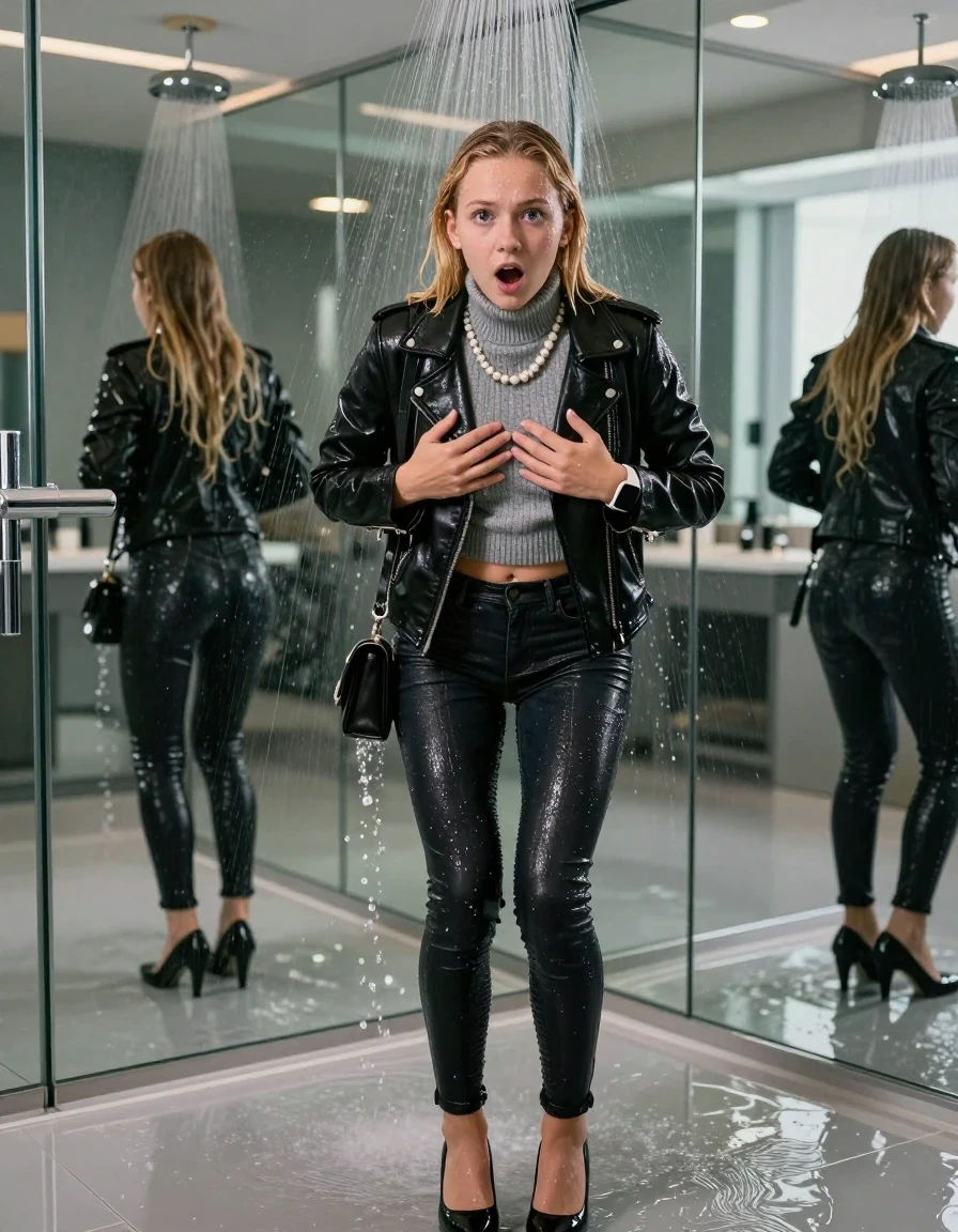 photo of young woman, in soaking wet, drenched clothes,
black heels, glistening soaked tight skinny jeans, Glistening black biker leatherjacket,  glistening soaked tight grey knit turtleneck sweater belly free, shoulderbag, pearl necklace, smartwatch , 15-year-old teenage girl standing under wide stream of water in a modern mirrored luxury shower, 
enjoying, wet clothes stuck to body,
detailed textures of the wet clothes, wet face, wet plastered hair,
wet, drenched, professional, high-quality details, full body view.
sharp focus, ultra-high pixel detail, realistic, high-quality, full colors, incredibly detailed, 4k, 8k, 16k, hyper-realistic, RAW photo, masterpiece, ultra-detailed, professionally color graded, professional photograph, behind view: 15-year-old teenage girl. looking at camera.
wet plastered hair. blonde sleek long straight hair. shocked and astonished. open mouth, big eyes. hold her hands on her breast, pressed the knees together.

The jet of water hits her head directly from above.

her clothes are heavy from the water, water runs from her body and her clothes in streams. A lot of water also runs out of her clothes. Her clothes are darkened by the water. Her submerged clothes are clinging wet. 
soft atmospheric lighting reflecting off the surface, cinematic medium shot, hyper-realistic wetness, high-contrast water sheen, 8k resolution, sharp focus, detailed skin texture., wet skin, wet clothes, damp fabric,, wet skin, wet clothes, damp fabric, wet skin, wet clothes, damp fabric, wet skin, wet clothes, damp fabric, wet skin, wet clothes, damp fabric, wet skin, wet clothes, damp fabric, wet skin, wet clothes, damp fabric, wet skin, wet clothes, damp fabric, wet skin, wet clothes, damp fabric, wet skin, wet clothes, damp fabric, wet skin, wet clothes, damp fabric