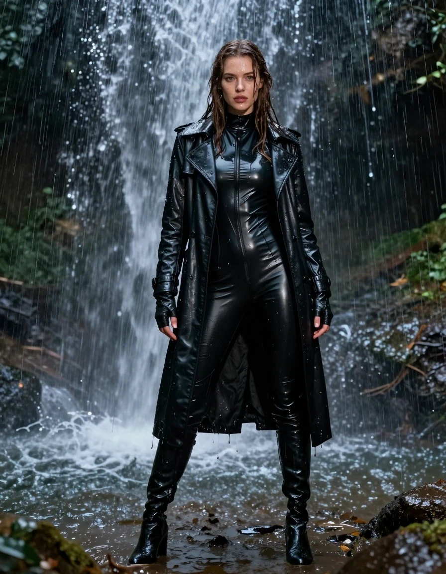 A stunning, photorealistic full-body shot of a young adult European woman with long, dripping wet brown hair, standing directly under a powerful waterfall in a dense, dark forest at night. She is dressed in a sleek, full-body black PVC catsuit, layered with a black PVC polar neck shirt, a heavy black leather trench coat, and black leather knee-high boots, with leather gloves on both hands. Her skin and clothing are visibly saturated, with the fabric darkened, clinging to her body, and exhibiting heavy wet folds and a high-gloss water sheen. She is covered in streaks of mud from the muddy forest floor. Intense heavy rain pours down, creating a misty, atmospheric environment. The scene is lit by moonlight filtering through the trees, highlighting the wet textures, water droplets, and glossy reflections on the PVC and leather surfaces. High-detail photography, cinematic lighting, ultra-realistic textures, non-nude.