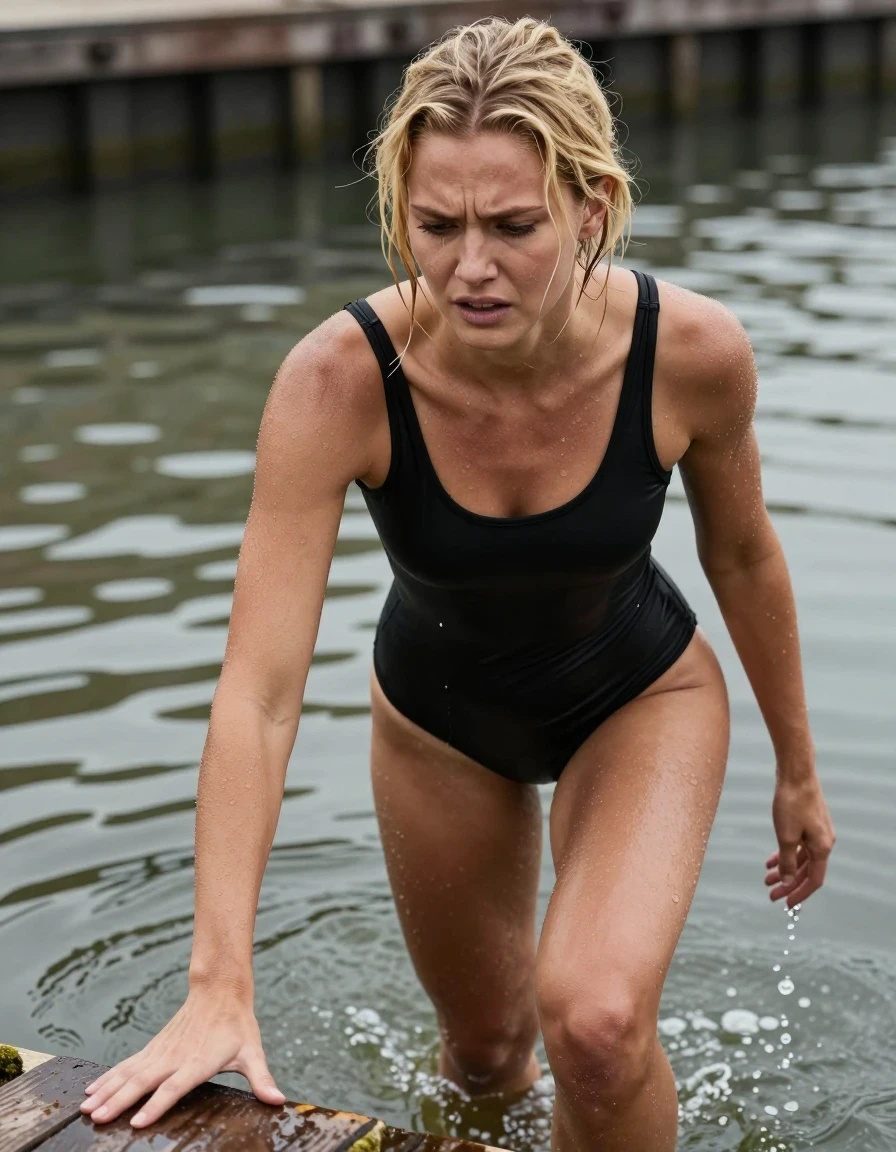 Full-body vertical fashion photograph of a 25-year-old Frisian woman with blonde hair, climbing out of a canal. She is soaking wet, wearing a black one-piece short-legged bodysuit that is clinging to her body. Her expression is one of clear frustration and disappointment, looking down as she pulls herself onto the canal bank. The background shows the murky canal water and a hint of the wooden bank. High-quality editorial fashion photography style, sharp focus on the subject, dramatic lighting capturing the texture of the wet fabric.
