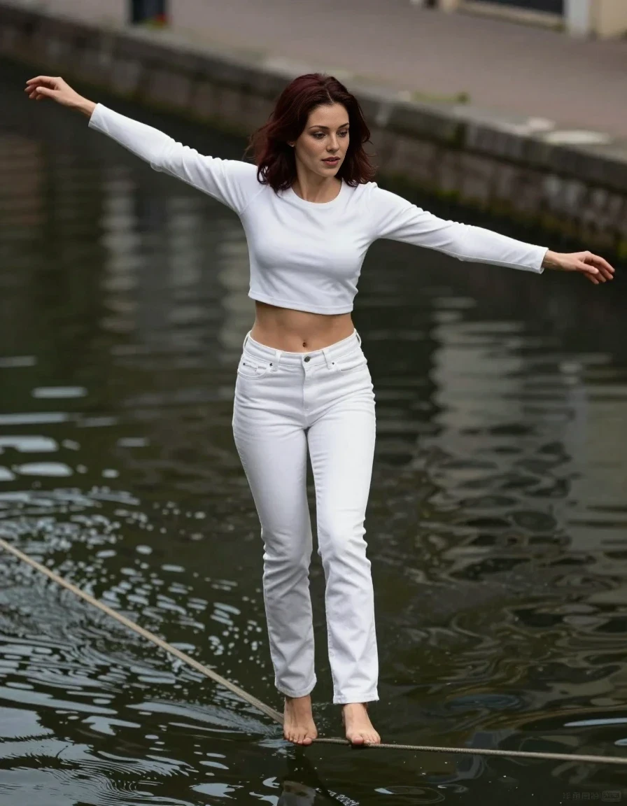 Full-body vertical fashion-style photograph of a 25-year-old woman with dry, shoulder-length dark auburn hair, captured mid-action while standing on a slackline stretched over a canal. She is wearing a stylish white long-sleeved crop top and matching white jeans. Her body is tilted, arms outstretched as she begins to lose her balance, with an expression of playful concentration and anticipation of the fall. The scene is captured in cinematic lighting, highlighting the texture of her clothing and the ripples of the water below. She is positioned in the center of the frame, with the canal bank visible in the background.