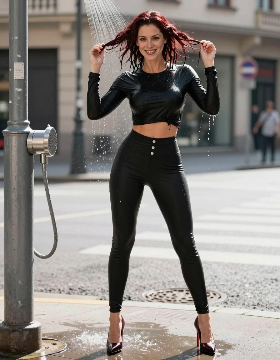 Full-body realistic fashion photography of a 25-year-old woman with wet, shoulder-length dark auburn hair, standing under a public shower head attached to a city lamppost. She is in a frontal view, turning her head slightly to the left to flash a playful, confident smile at passersby. She is holding strands of her dripping hair with both hands, letting the water stream soak through them and run down her arms. She is wearing a long-sleeved, cropped black top that is completely soaked and clinging to her skin, tight high-waisted light black leggings with metallic white buttons, and dark maroon stiletto pumps. The clothing is drenched, with water droplets glistening on her skin and fabric. Bright natural sunlight, urban street background, professional cinematic quality, 8k resolution.