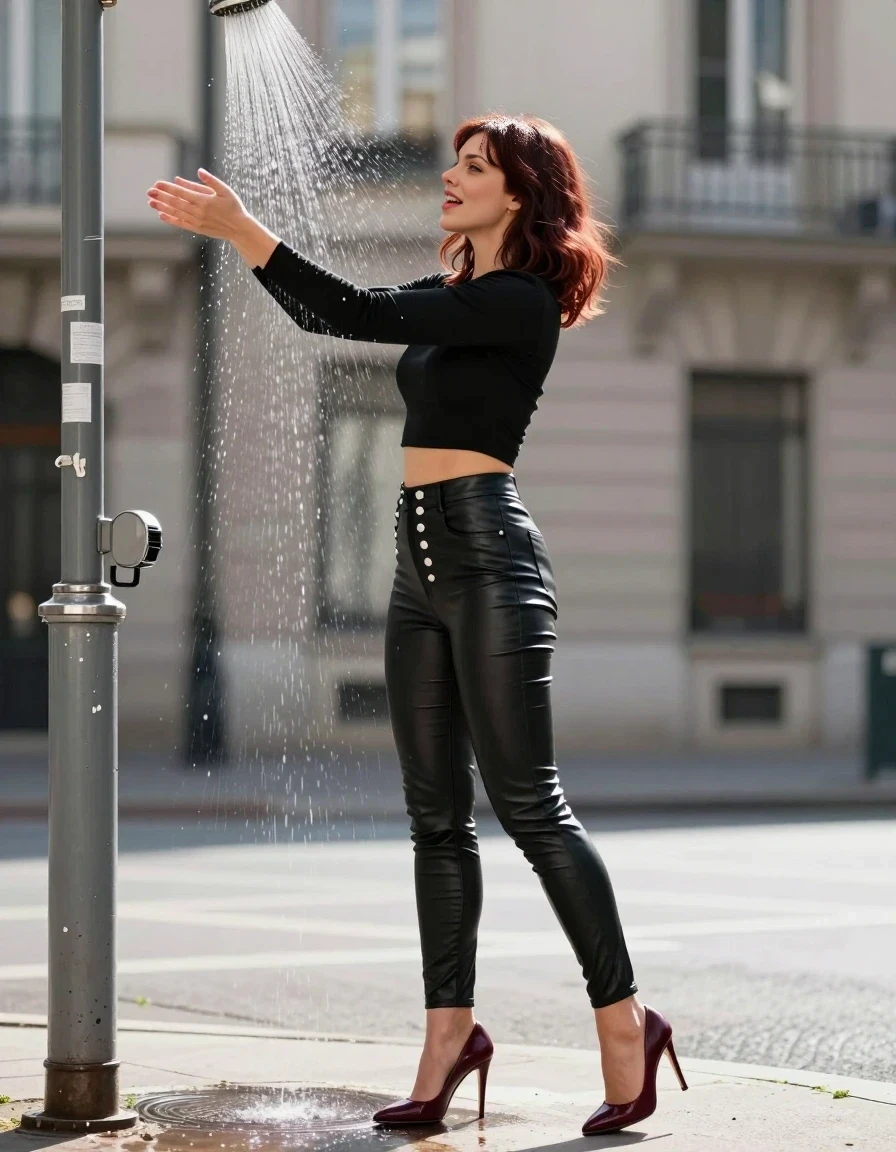Full-body realistic fashion photography of a 25-year-old woman with shoulder-length dark auburn hair, standing to the side of a city street lamppost. She has a playful expression as she reaches her arms out to catch the water cascading from a shower head attached to the lamppost, keeping her body mostly dry. She is wearing a long-sleeved, cropped black top that leaves her midriff visible, tight high-waisted black leather-look pants featuring a prominent vertical row of metallic white buttons down the front, and dark maroon stiletto pumps. Bright sunny lighting, soft mist effect in the air, professional cinematic quality, 8k resolution.