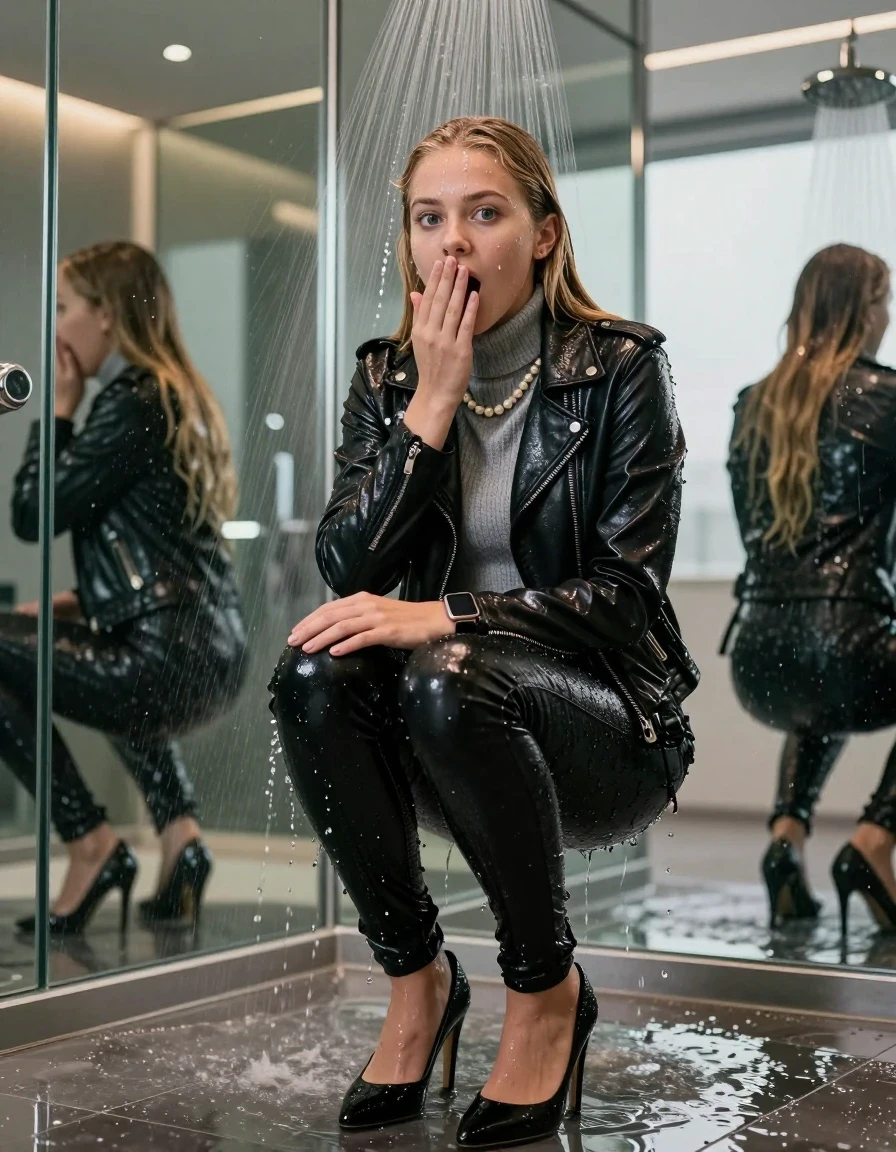 photo of young woman, in soaking wet, drenched clothes,
black heels, glistening soaked tight skinny jeans, Glistening black biker leatherjacket,  glistening soaked tight grey knit turtleneck sweater belly free, shoulderbag, pearl necklace, smartwatch , 15-year-old teenage girl standing under wide stream of water in a modern mirrored luxury shower, 
enjoying, wet clothes stuck to body,
detailed textures of the wet clothes, wet face, wet plastered hair,
wet, drenched, professional, high-quality details, full body view.
sharp focus, ultra-high pixel detail, realistic, high-quality, full colors, incredibly detailed, 4k, 8k, 16k, hyper-realistic, RAW photo, masterpiece, ultra-detailed, professionally color graded, professional photograph, behind view: 15-year-old teenage girl. looking at camera.
wet plastered hair. blonde sleek long straight hair. shocked and astonished. open mouth, big eyes. hold a hand on her mouth, pressed the knees together.

The jet of water hits her head directly from above.

her clothes are heavy from the water, water runs from her body and her clothes in streams. A lot of water also runs out of her clothes. Her clothes are darkened by the water. Her submerged clothes are clinging wet. 
soft atmospheric lighting reflecting off the surface, cinematic medium shot, hyper-realistic wetness, high-contrast water sheen, 8k resolution, sharp focus, detailed skin texture., wet skin, wet clothes, damp fabric,, wet skin, wet clothes, damp fabric, wet skin, wet clothes, damp fabric, wet skin, wet clothes, damp fabric, wet skin, wet clothes, damp fabric, wet skin, wet clothes, damp fabric, wet skin, wet clothes, damp fabric, wet skin, wet clothes, damp fabric, wet skin, wet clothes, damp fabric, wet skin, wet clothes, damp fabric, wet skin, wet clothes, damp fabric