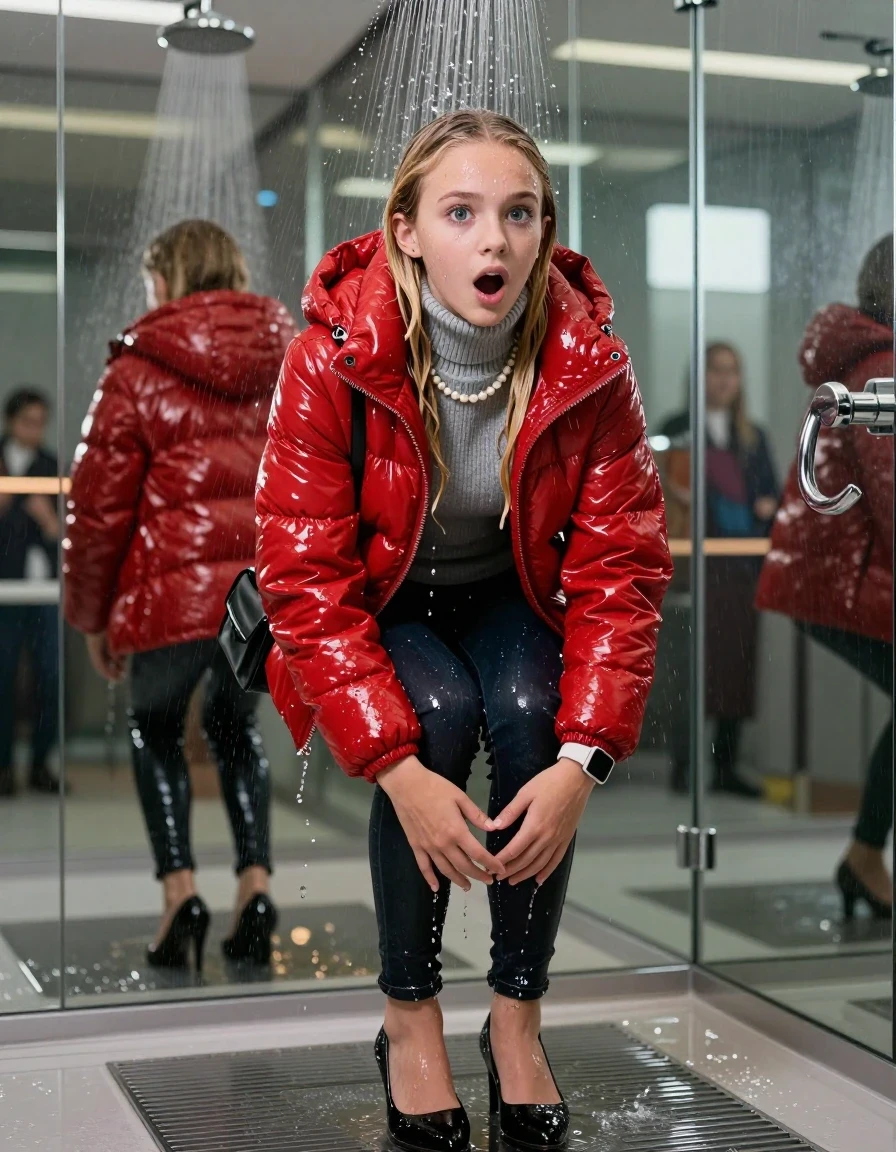 photo of young woman, in soaking wet, drenched clothes,
black heels, glistening soaked tight skinny jeans, Glistening red shiny puffer down jacket from monclare,  glistening soaked tight grey knit turtleneck sweater belly free, shoulderbag, pearl necklace, smartwatch , 15-year-old teenage girl standing under wide stream of water in a modern mirrored luxury shower, 
enjoying, wet clothes stuck to body,
detailed textures of the wet clothes, wet face, wet plastered hair,
wet, drenched, professional, high-quality details, full body view.
sharp focus, ultra-high pixel detail, realistic, high-quality, full colors, incredibly detailed, 4k, 8k, 16k, hyper-realistic, RAW photo, masterpiece, ultra-detailed, professionally color graded, professional photograph, behind view: 15-year-old teenage girl. looking at camera.
wet plastered hair. blonde sleek long straight hair. shocked and astonished. open mouth, big eyes. hold a hand on her mouth, pressed the knees together.

The jet of water hits her head directly from above.

her clothes are heavy from the water, water runs from her body and her clothes in streams. A lot of water also runs out of her clothes. Her clothes are darkened by the water. Her submerged clothes are clinging wet. 
soft atmospheric lighting reflecting off the surface, cinematic medium shot, hyper-realistic wetness, high-contrast water sheen, 8k resolution, sharp focus, detailed skin texture., wet skin, wet clothes, damp fabric,, wet skin, wet clothes, damp fabric, wet skin, wet clothes, damp fabric, wet skin, wet clothes, damp fabric, wet skin, wet clothes, damp fabric, wet skin, wet clothes, damp fabric, wet skin, wet clothes, damp fabric, wet skin, wet clothes, damp fabric, wet skin, wet clothes, damp fabric, wet skin, wet clothes, damp fabric, wet skin, wet clothes, damp fabric