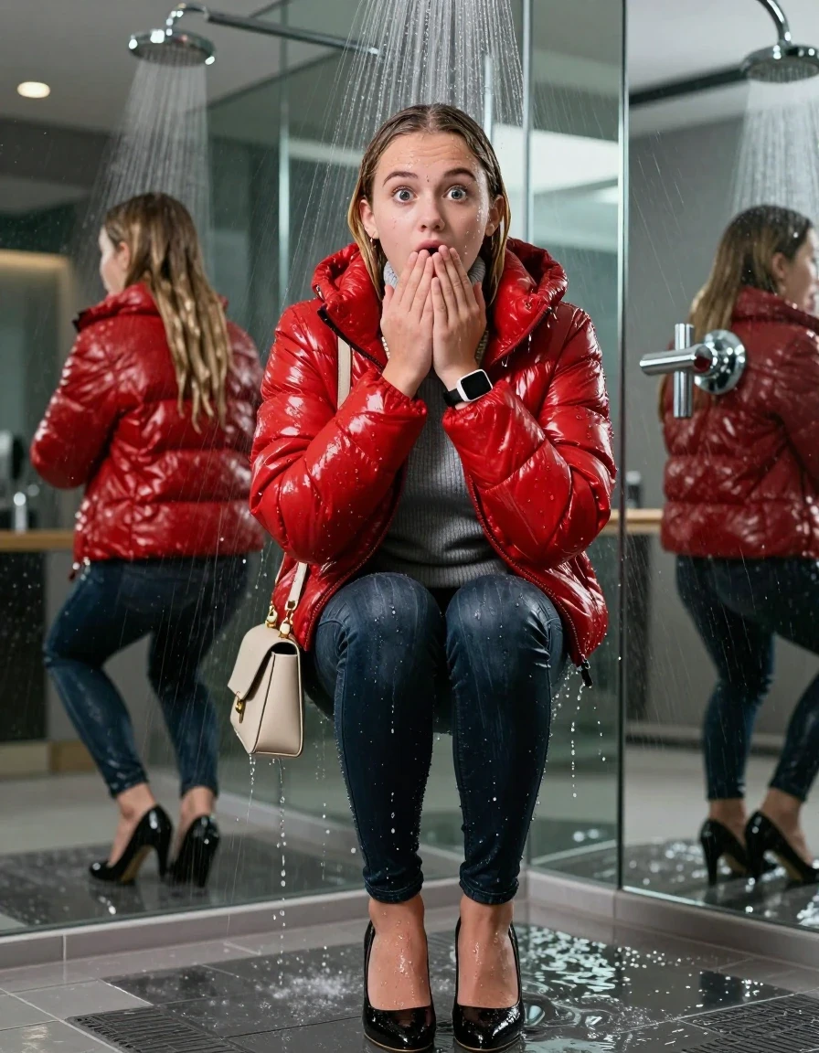 photo of young woman, in soaking wet, drenched clothes,
black heels, glistening soaked tight skinny jeans, Glistening red shiny puffer down jacket from monclare,  glistening soaked tight grey knit turtleneck sweater belly free, shoulderbag, pearl necklace, smartwatch , 15-year-old teenage girl standing under wide stream of water in a modern mirrored luxury shower, 
enjoying, wet clothes stuck to body,
detailed textures of the wet clothes, wet face, wet plastered hair,
wet, drenched, professional, high-quality details, full body view.
sharp focus, ultra-high pixel detail, realistic, high-quality, full colors, incredibly detailed, 4k, 8k, 16k, hyper-realistic, RAW photo, masterpiece, ultra-detailed, professionally color graded, professional photograph, behind view: 15-year-old teenage girl. looking at camera.
wet plastered hair. blonde sleek long straight hair. shocked and astonished. open mouth, big eyes. hold a hand on her mouth, pressed the knees together.

The jet of water hits her head directly from above.

her clothes are heavy from the water, water runs from her body and her clothes in streams. A lot of water also runs out of her clothes. Her clothes are darkened by the water. Her submerged clothes are clinging wet. 
soft atmospheric lighting reflecting off the surface, cinematic medium shot, hyper-realistic wetness, high-contrast water sheen, 8k resolution, sharp focus, detailed skin texture., wet skin, wet clothes, damp fabric,, wet skin, wet clothes, damp fabric, wet skin, wet clothes, damp fabric, wet skin, wet clothes, damp fabric, wet skin, wet clothes, damp fabric, wet skin, wet clothes, damp fabric, wet skin, wet clothes, damp fabric, wet skin, wet clothes, damp fabric, wet skin, wet clothes, damp fabric, wet skin, wet clothes, damp fabric, wet skin, wet clothes, damp fabric