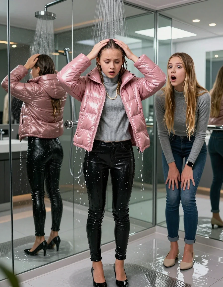 photo of young woman, in soaking wet, drenched clothes,
black heels, glistening soaked tight skinny jeans, Glistening pink shiny puffer down jacket from monclare,  glistening soaked tight grey knit turtleneck sweater belly free, shoulderbag, pearl necklace, smartwatch , 15-year-old teenage girl standing under wide stream of water in a modern mirrored luxury shower, her friend stands shocked beside her, 
enjoying, wet clothes stuck to body,
detailed textures of the wet clothes, wet face, wet plastered hair,
wet, drenched, professional, high-quality details, full body view.
sharp focus, ultra-high pixel detail, realistic, high-quality, full colors, incredibly detailed, 4k, 8k, 16k, hyper-realistic, RAW photo, masterpiece, ultra-detailed, professionally color graded, professional photograph, behind view: 15-year-old teenage girl. looking at camera.
wet plastered hair. blonde sleek long straight hair. shocked and astonished. open mouth, big eyes. hold her hands on her forehead, pressed the knees together.

The jet of water hits her head directly from above.

her clothes are heavy from the water, water runs from her body and her clothes in streams. A lot of water also runs out of her clothes. Her clothes are darkened by the water. Her submerged clothes are clinging wet. 
soft atmospheric lighting reflecting off the surface, cinematic medium shot, hyper-realistic wetness, high-contrast water sheen, 8k resolution, sharp focus, detailed skin texture., wet skin, wet clothes, damp fabric,, wet skin, wet clothes, damp fabric, wet skin, wet clothes, damp fabric, wet skin, wet clothes, damp fabric, wet skin, wet clothes, damp fabric, wet skin, wet clothes, damp fabric, wet skin, wet clothes, damp fabric, wet skin, wet clothes, damp fabric, wet skin, wet clothes, damp fabric, wet skin, wet clothes, damp fabric