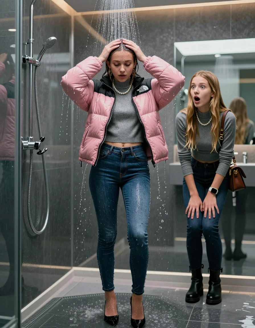 photo of young woman, in soaking wet, drenched clothes,
black heels, glistening soaked tight skinny jeans, Glistening pink  puffer down jacket from north face, glistening soaked tight grey knit turtleneck sweater belly free, shoulderbag, pearl necklace, smartwatch , 15-year-old teenage girl standing under wide stream of water in a modern mirrored luxury shower, her friend stands shocked beside her, 
enjoying, wet clothes stuck to body,
detailed textures of the wet clothes, wet face, wet plastered hair,
wet, drenched, professional, high-quality details, full body view.
sharp focus, ultra-high pixel detail, realistic, high-quality, full colors, incredibly detailed, 4k, 8k, 16k, hyper-realistic, RAW photo, masterpiece, ultra-detailed, professionally color graded, professional photograph, behind view: 15-year-old teenage girl. looking at camera.
wet plastered hair. blonde sleek long straight hair. shocked and astonished. open mouth, big eyes. hold her hands on her forehead, pressed the knees together.

The jet of water hits her head directly from above.

her clothes are heavy from the water, water runs from her body and her clothes in streams. A lot of water also runs out of her clothes. Her clothes are darkened by the water. Her submerged clothes are clinging wet. 
soft atmospheric lighting reflecting off the surface, cinematic medium shot, hyper-realistic wetness, high-contrast water sheen, 8k resolution, sharp focus, detailed skin texture., wet skin, wet clothes, damp fabric,, wet skin, wet clothes, damp fabric, wet skin, wet clothes, damp fabric, wet skin, wet clothes, damp fabric, wet skin, wet clothes, damp fabric, wet skin, wet clothes, damp fabric, wet skin, wet clothes, damp fabric, wet skin, wet clothes, damp fabric, wet skin, wet clothes, damp fabric, wet skin, wet clothes, damp fabric