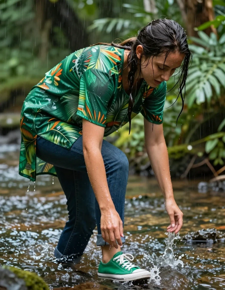 photo of young woman, in soaking wet, drenched clothes,
Sneakers green, Boyfriend jeans , Green tunic with pattern, Tropical rain, wading through a stream , 
enjoying, wet clothes stuck to body,
detailed textures of the wet clothes, wet face, wet plastered hair,
wet, drenched, professional, high-quality details, full body view.
sharp focus, ultra-high pixel detail, realistic, high-quality, full colors, incredibly detailed, 4k, 8k, 16k, hyper-realistic, RAW photo, masterpiece, ultra-detailed, professionally color graded, professional photograph, Lateral perspective, wet skin, wet clothes, damp fabric