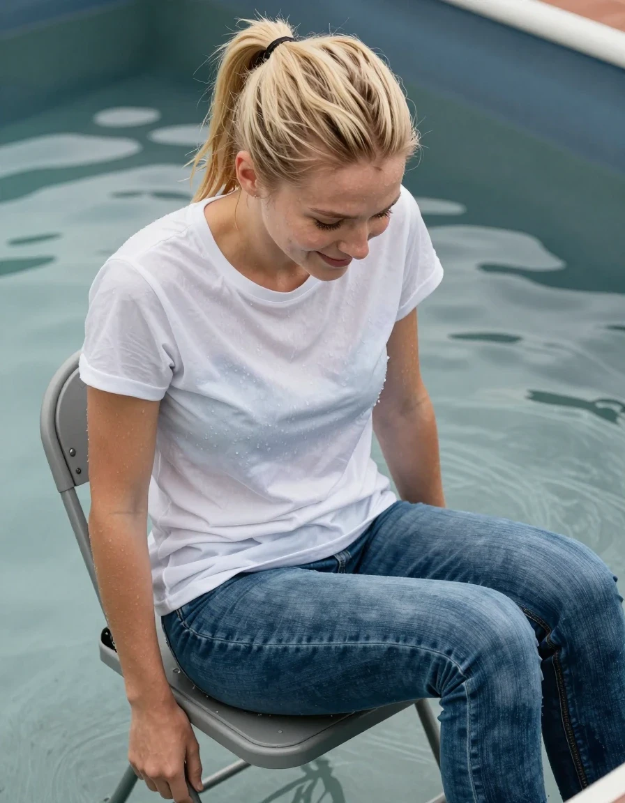 A photorealistic high-angle view from above of a slim young European woman with dry, clean blonde hair tied in a neat ponytail, sitting on a folding seat positioned high above a dunk-tank. She is wearing a dry, clean white t-shirt and dry blue jeans. The woman has a nervous smile on her face as she looks down toward the water. The scene is characterized by the complete absence of any moisture; the white t-shirt is crisp and dry with no wet patches or clinging, and the blue jeans are perfectly dry, maintaining their original color, texture, and fabric properties without any darkening, water saturation, or glossy reflections. The lighting is bright and clear, highlighting the dry texture of the fabric and the pristine condition of her hair and skin. The camera composition emphasizes the height of the folding seat above the tank, capturing a sharp, detailed shot of the subject in a completely dry state.