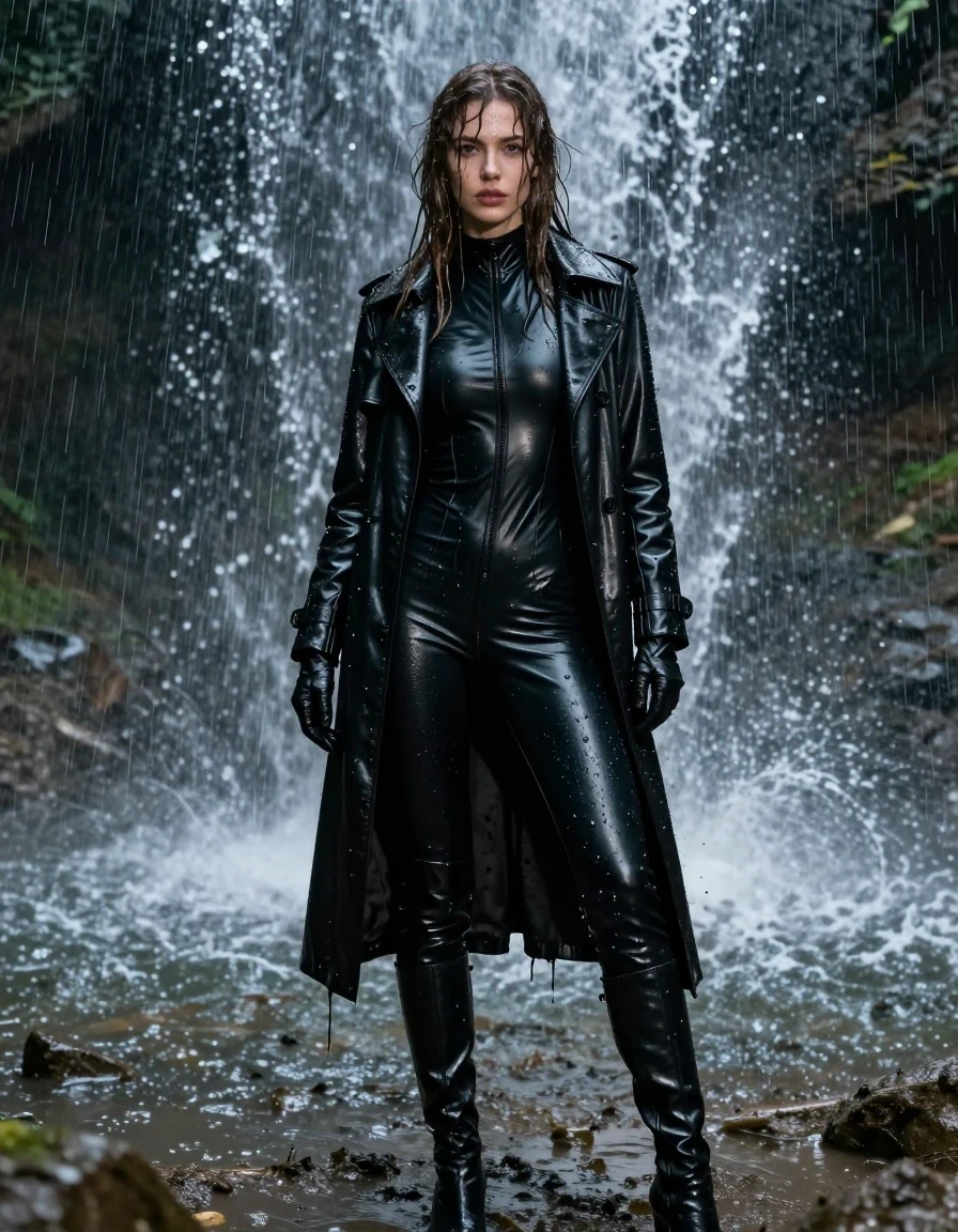 A photorealistic, full-body shot of a young adult European woman standing directly under a powerful forest waterfall at night during a heavy rainstorm. She is wearing a tight black PVC catsuit, a black PVC polar neck shirt layered underneath, a long black leather trench coat, and black leather knee-high boots with matching leather gloves. Her long brown hair is completely saturated and dripping wet, clinging to her face and shoulders. Her skin and clothing are drenched, with the PVC and leather exhibiting intense, glossy specular highlights, deep water sheens, and heavy clinging folds. She is covered in splatters and streaks of dark mud from the surrounding muddy ground. The scene captures heavy rain falling, with water cascading over her. High-contrast night lighting, cinematic atmosphere, hyper-detailed wet textures, water droplets running down skin and fabric, realistic mud-stained surfaces, volumetric mist, sharp focus, 8k resolution, professional photography.