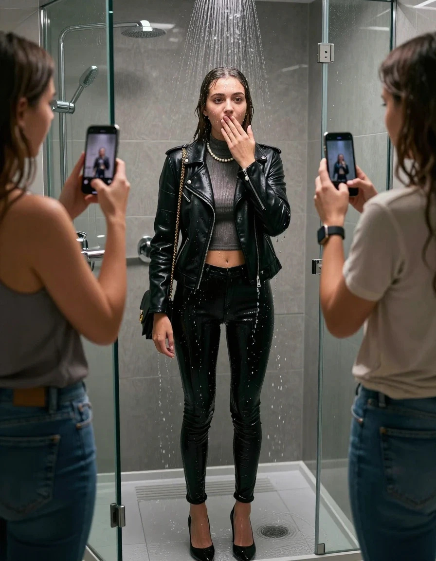 photo of young woman, in soaking wet, drenched clothes,
black heels, glistening soaked tight skinny jeans, Glistening black biker leatherjacket,  glistening soaked tight knit turtleneck sweater belly free, shoulderbag, pearl necklace, smartwatch , 15-year-old teenage girl directely under stream of water in a modern mirrored shower, a friend stand beside her an take a Photo with a Smartphone , 
enjoying, wet clothes stuck to body,
detailed textures of the wet clothes, wet face, wet plastered hair,
wet, drenched, professional, high-quality details, full body view.
sharp focus, ultra-high pixel detail, realistic, high-quality, full colors, incredibly detailed, 4k, 8k, 16k, hyper-realistic, RAW photo, masterpiece, ultra-detailed, professionally color graded, professional photograph, View from behind: 15-year-old teenage girl. looking at camera.
wet plastered hair. Brunett sleek long straight hair. shocked and astonished. open mouth, big eyes. hold a hand on her mouth.

The jet of water hits her head directly from above.

her clothes are heavy from the water, water runs from her body and her clothes in streams. A lot of water also runs out of her clothes. Her clothes are darkened by the water. Her submerged clothes are clinging wet. 
soft atmospheric lighting reflecting off the surface, cinematic medium shot, hyper-realistic wetness, high-contrast water sheen, 8k resolution, sharp focus, detailed skin texture., wet skin, wet clothes, damp fabric,, wet skin, wet clothes, damp fabric, wet skin, wet clothes, damp fabric, wet skin, wet clothes, damp fabric, wet skin, wet clothes, damp fabric, wet skin, wet clothes, damp fabric, wet skin, wet clothes, damp fabric, wet skin, wet clothes, damp fabric, wet skin, wet clothes, damp fabric, wet skin, wet clothes, damp fabric, wet skin, wet clothes, damp fabric, wet skin, wet clothes, damp fabric