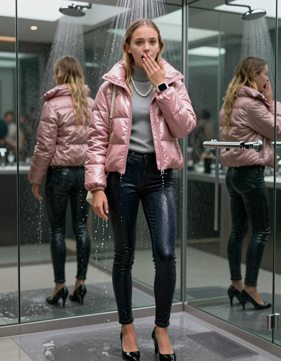 photo of young woman, in soaking wet, drenched clothes,
black heels, glistening soaked tight skinny jeans, Glistening pink shiny puffer down jacket from monclare,  glistening soaked tight grey knit turtleneck sweater belly free, shoulderbag, pearl necklace, smartwatch , 15-year-old teenage girl standing under wide stream of water in a modern mirrored luxury shower, 
enjoying, wet clothes stuck to body,
detailed textures of the wet clothes, wet face, wet plastered hair,
wet, drenched, professional, high-quality details, full body view.
sharp focus, ultra-high pixel detail, realistic, high-quality, full colors, incredibly detailed, 4k, 8k, 16k, hyper-realistic, RAW photo, masterpiece, ultra-detailed, professionally color graded, professional photograph, behind view: 15-year-old teenage girl. looking at camera.
wet plastered hair. blonde sleek long straight hair. shocked and astonished. open mouth, big eyes. hold a hand on her mouth.

The jet of water hits her head directly from above.

her clothes are heavy from the water, water runs from her body and her clothes in streams. A lot of water also runs out of her clothes. Her clothes are darkened by the water. Her submerged clothes are clinging wet. 
soft atmospheric lighting reflecting off the surface, cinematic medium shot, hyper-realistic wetness, high-contrast water sheen, 8k resolution, sharp focus, detailed skin texture., wet skin, wet clothes, damp fabric,, wet skin, wet clothes, damp fabric, wet skin, wet clothes, damp fabric, wet skin, wet clothes, damp fabric, wet skin, wet clothes, damp fabric, wet skin, wet clothes, damp fabric, wet skin, wet clothes, damp fabric, wet skin, wet clothes, damp fabric, wet skin, wet clothes, damp fabric, wet skin, wet clothes, damp fabric, wet skin, wet clothes, damp fabric, wet skin, wet clothes, damp fabric