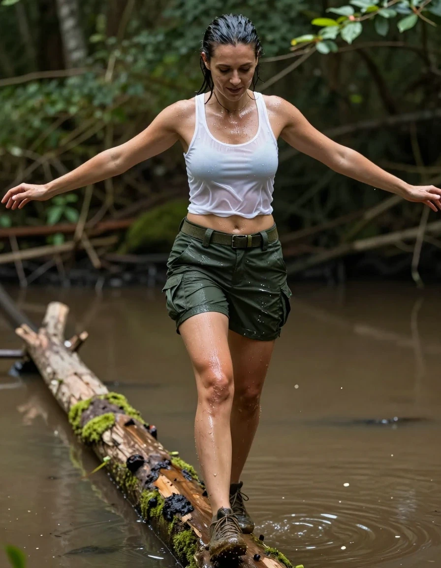 A photorealistic full-body shot of a slim Mediterranean woman with damp, slicked-back hair and glistening wet skin, walking across a narrow, mossy wooden log suspended over a murky, reflective muddy pond. She is wearing a thin white cropped tank top that is soaking wet, translucent, and clinging to her torso with heavy water-saturated folds and a visible wet sheen. She wears dark green cargo shorts with a tactical belt, the fabric visibly wet, darkened, and clinging to her thighs. Her feet are encased in mud-caked, wet trainers. She has her arms outstretched to the sides for balance, her expression one of intense concentration with a faint, subtle smile. The lighting is natural, filtered through dense forest canopy, highlighting the wet texture of her skin and clothing. High-detail photographic quality, 8k resolution, realistic water reflections, sharp focus on the subject and the textured wet fabrics.