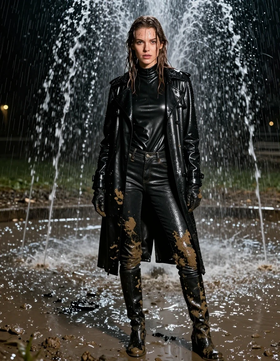 A hyper-realistic full-body shot of a young adult European woman with long, dripping wet brown hair, standing directly under the intense water flow of a fountain in a dark, muddy field at night. She is drenched, with water visibly flowing and cascading off her wet skin and clothing. She wears a black leather polar neck shirt, black leather gloves, black leather jeans, and black leather knee-high boots, all covered in splatters of thick mud. Over this, she wears a heavy black leather trench coat, with every surface of the leather showing a high-gloss wet sheen, deep water-saturated folds, and heavy clinging textures. The scene is set in heavy rain, with the environment dark and atmospheric. The lighting highlights the glistening wet skin, the rivulets of water running down her face and hair, and the realistic texture of the mud-streaked leather. Professional photography, sharp focus, 8k resolution, cinematic lighting, high-contrast reflections on wet surfaces, no nudity, fully clothed, clean anatomy.