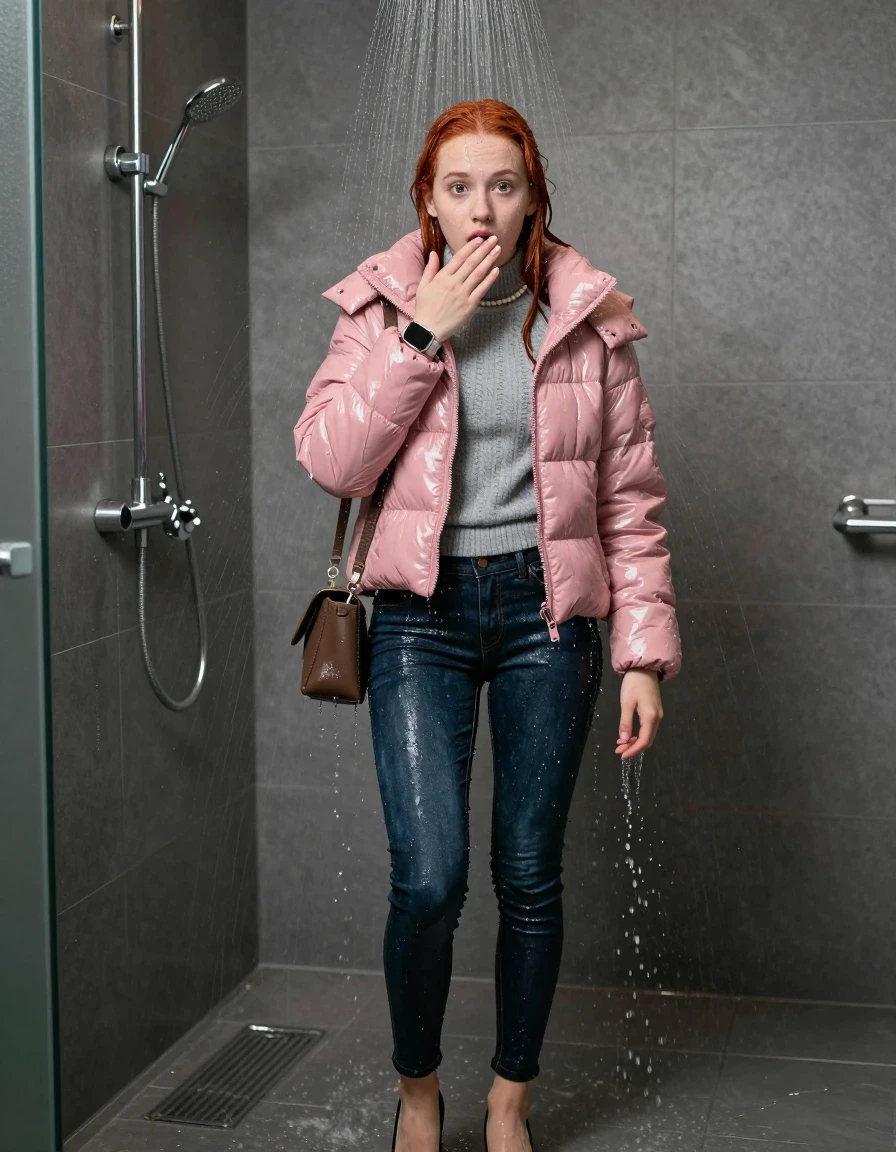 photo of young woman, in soaking wet, drenched clothes,
black heels, glistening soaked tight skinny jeans, Glistening pink shiny puffer down jacket from monclare,  glistening soaked tight grey knit turtleneck sweater belly free, shoulderbag, pearl necklace, smartwatch , 15-year-old teenage girl under wide stream of water in a modern shower, 
enjoying, wet clothes stuck to body,
detailed textures of the wet clothes, wet face, wet plastered hair,
wet, drenched, professional, high-quality details, full body view.
sharp focus, ultra-high pixel detail, realistic, high-quality, full colors, incredibly detailed, 4k, 8k, 16k, hyper-realistic, RAW photo, masterpiece, ultra-detailed, professionally color graded, professional photograph, behind view: 15-year-old teenage girl. looking at camera.
wet plastered hair. Red sleek long straight hair. shocked and astonished. open mouth, big eyes. hold a hand on her mouth.

The jet of water hits her head directly from above.

her clothes are heavy from the water, water runs from her body and her clothes in streams. A lot of water also runs out of her clothes. Her clothes are darkened by the water. Her submerged clothes are clinging wet. 
soft atmospheric lighting reflecting off the surface, cinematic medium shot, hyper-realistic wetness, high-contrast water sheen, 8k resolution, sharp focus, detailed skin texture., wet skin, wet clothes, damp fabric,, wet skin, wet clothes, damp fabric, wet skin, wet clothes, damp fabric, wet skin, wet clothes, damp fabric, wet skin, wet clothes, damp fabric, wet skin, wet clothes, damp fabric, wet skin, wet clothes, damp fabric, wet skin, wet clothes, damp fabric, wet skin, wet clothes, damp fabric, wet skin, wet clothes, damp fabric, wet skin, wet clothes, damp fabric, wet skin, wet clothes, damp fabric