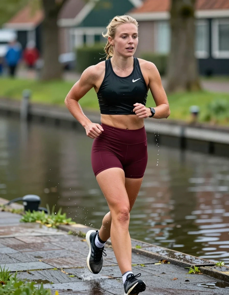 photo of young woman, in soaking wet, drenched clothes,
running shoes, tight burgundy red sports shorts, tight black crop top, in front of a canal in Friesland/Netherlands, 
enjoying, wet clothes stuck to body,
detailed textures of the wet clothes, wet face, wet plastered hair,
wet, drenched, professional, high-quality details, full body view.
sharp focus, ultra-high pixel detail, realistic, high-quality, full colors, incredibly detailed, 4k, 8k, 16k, hyper-realistic, RAW photo, masterpiece, ultra-detailed, professionally color graded, professional photograph, A blonde woman is ready to participate in a  Fierljeppen competition but she is still dry., wet skin, wet clothes, damp fabric