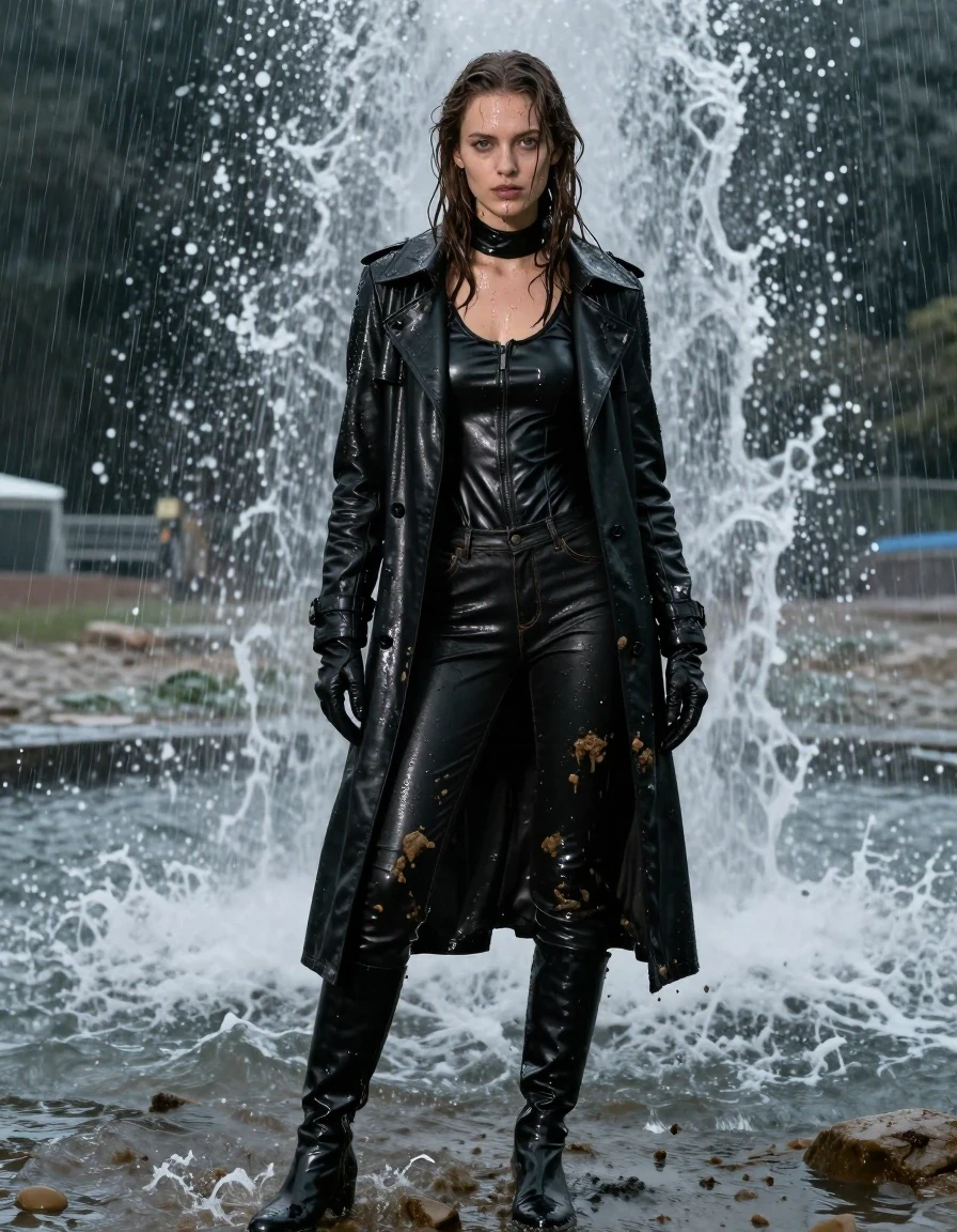 A stunning, hyper-realistic full-body photograph of a young adult European woman with long, dripping wet brown hair, her skin glistening with water and smeared with streaks of dark mud. She is wearing a black leather polar neck shirt, black leather gloves, a long black leather trench coat, and black leather jeans that are heavily soaked, creating deep black glossy reflections. She also wears black leather knee-high boots. She is standing directly in the crashing waves at a beach during a dark, stormy night, with heavy rain pouring down. Her clothes are visibly damp, heavy with water, and cling to her form. She is positioned standing directly under the spray of water from a fountain, further drenching her appearance. The lighting is moody and dramatic, highlighting the sheen on her wet skin and the textured, mud-caked leather surfaces. Sharp focus, cinematic lighting, 8k resolution, highly detailed wet textures, realistic water droplets, and atmospheric rain effects.