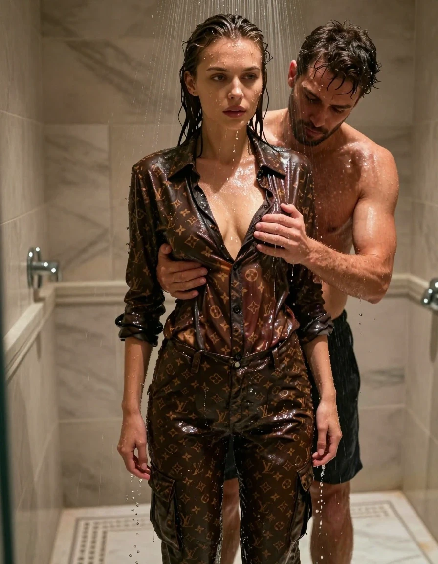 A photorealistic, highly detailed shot of a young adult European woman and a man in a luxurious, dimly lit marble shower. The woman is wearing a premium Louis Vuitton shirt and cargo pants, with white socks on her feet. Both subjects are completely drenched, with water cascading over them, creating a heavy wet sheen on their skin and hair. The woman's Louis Vuitton shirt and cargo pants are soaking wet, clinging to her body, with the fabric darkened, heavy with water, and displaying deep, saturated tones, visible fabric texture, and realistic wet folds. From behind, a man is surreptitiously groping the woman's breasts; the woman remains oblivious, looking forward with a neutral expression. The shower environment features high-end stone tiles, soft atmospheric lighting reflecting off the wet surfaces, and water droplets clinging to their skin. Cinematic photography, 8k resolution, sharp focus on the wet fabric textures, high contrast, realistic skin pores, and water droplets.