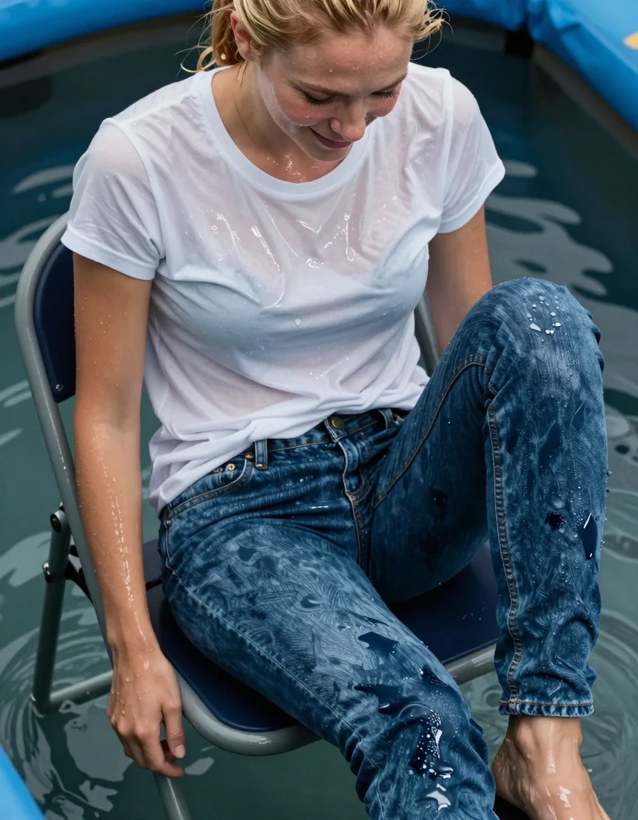 A high-angle, top-down view of a slim young adult European woman with dry blonde hair tied in a neat ponytail, sitting on a folding seat perched high above a dunk-tank. She wears a dry white t-shirt that is starting to cling to her skin with damp patches, and soaking-wet blue denim jeans, water-saturated heavyweight denim, blue changed to deep navy and indigo, substantially darker unevenly soaked patches, absorbed water, heavy wet folds, visible weave and stitching, and strong glossy specular reflections on the raised weave, seams, and creases. Her skin has a realistic wet sheen and damp texture, reflecting the overhead light. She is smiling nervously, looking down toward the water below. Cinematic lighting, photorealistic, high-detail skin texture, sharp focus on the fabric saturation and clinging wet denim, high-angle composition emphasizing the height and the wetness of the clothing.
