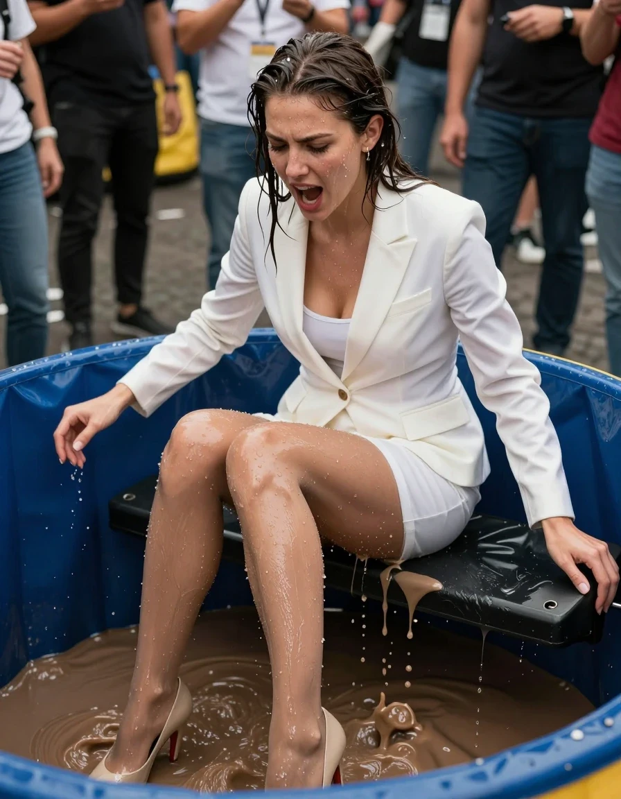 photo of young woman, in soaking wet, drenched clothes,
high heels, shiny pantyhose, blazer, dunk tank, 
enjoying, wet clothes stuck to body,
detailed textures of the wet clothes, wet face, wet plastered hair,
wet, drenched, professional, high-quality details, full body view.
sharp focus, ultra-high pixel detail, realistic, high-quality, full colors, incredibly detailed, 4k, 8k, 16k, hyper-realistic, RAW photo, masterpiece, ultra-detailed, professionally color graded, professional photograph, Sicht von oben:
Weiblicher attraktiver CEO mit teuerem weißen business outfit, glänzender Strumpfhose, teueren high heels, schmuck und teuerer Frisur sitzt hoch auf einem klappbaren Fallsitz über einem Dunk Tank, der mit brauner schleimiger cremiger Gülle gefüllt ist. Sie ist in wütender Raserei, weil sie gleich hineinfällt.
Eine Menge Zuschauer, wie auf einem Jahrmarkt jubelt und freut sich schadenfroh, dass sie gleich hineinfällt., wet skin, wet clothes, damp fabric