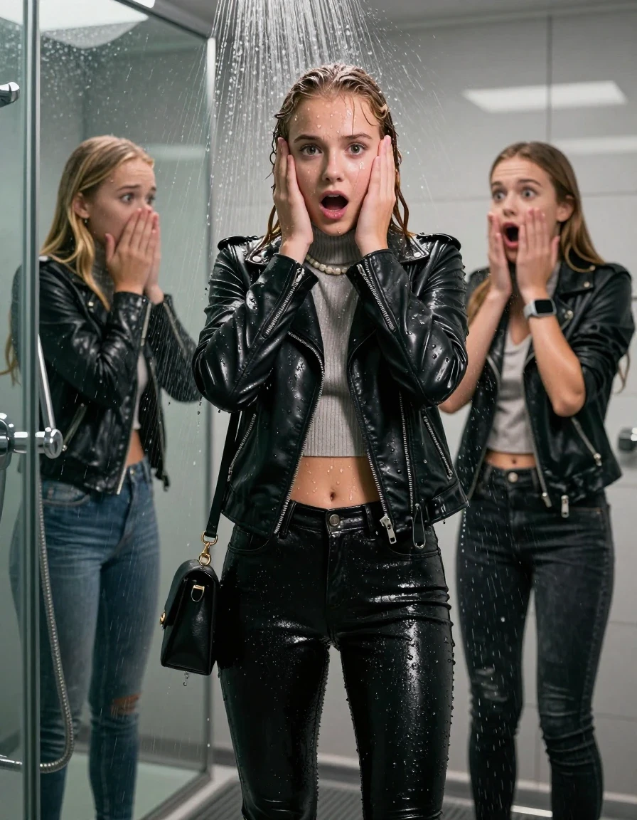 photo of young woman, in soaking wet, drenched clothes,
, glistening soaked tight skinny jeans, Glistening black biker leatherjacket,  glistening soaked tight knit turtleneck sweater belly free, shoulderbag, pearl necklace, smartwatch , 15-year-old teenage Girl standing directly under a heavy, powerful stream of water in a modern mirrored shower, a friend besides her watch shocked at her, 
enjoying, wet clothes stuck to body,
detailed textures of the wet clothes, wet face, wet plastered hair,
wet, drenched, professional, high-quality details, full body view.
sharp focus, ultra-high pixel detail, realistic, high-quality, full colors, incredibly detailed, 4k, 8k, 16k, hyper-realistic, RAW photo, masterpiece, ultra-detailed, professionally color graded, professional photograph, Behind view: 15-year-old teenage girl. looking at camera.
wet plastered hair. Blonde sleek long straight hair with water cascading down her face and neck. Afraid and astonished. open mouth, big eyes. Holding her hands on her face.

The lighting is bright and cinematic, highlighting the glistening water droplets on her skin and the saturated texture of her clothes.

her clothes are heavy from the water, water runs from her body and her clothes in streams. A lot of water also runs out of her clothes. Her clothes are darkened by the water. Her submerged clothes are clinging wet. 
soft atmospheric lighting reflecting off the surface, cinematic medium shot, hyper-realistic wetness, high-contrast water sheen, 8k resolution, sharp focus, detailed skin texture., wet skin, wet clothes, damp fabric,, wet skin, wet clothes, damp fabric, wet skin, wet clothes, damp fabric, wet skin, wet clothes, damp fabric, wet skin, wet clothes, damp fabric, wet skin, wet clothes, damp fabric, wet skin, wet clothes, damp fabric, wet skin, wet clothes, damp fabric, wet skin, wet clothes, damp fabric, wet skin, wet clothes, damp fabric, wet skin, wet clothes, damp fabric, wet skin, wet clothes, damp fabric