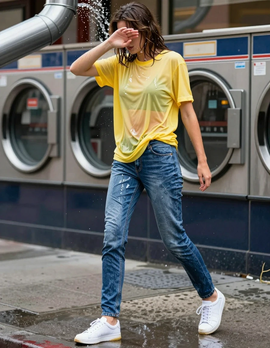 A candid paparazzi street photography medium shot of a young adult European woman on a busy urban city sidewalk outside a retro laundromat. She is caught in the moment, shielding her face with her hand while stepping away from a sudden rooftop drainpipe overflow, droplets splashing off her hair and clothes. She is wearing an oversized lemon yellow cotton t-shirt that is heavily drenched, translucent, and clinging to her torso, revealing skin texture underneath. Her tapered light-wash blue jeans are soaking-wet blue denim jeans, water-saturated heavyweight denim, blue changed to deep navy and indigo, substantially darker unevenly soaked patches, absorbed water, heavy wet folds, visible weave and stitching, and strong glossy specular reflections on the raised weave, seams, and creases. On her feet are white leather platform sneakers soaked with dark water stains. The scene features vibrant natural daylight, sharp focus on the wet fabric textures, candid motion blur from her movement, and a 35mm lens aesthetic. The image is strictly non-sexual, avoiding any nudity, lingerie, swimwear, jewelry, or makeup, focusing entirely on the realistic, heavy-water-soaked street attire and the dynamic, accidental nature of the splashing water.