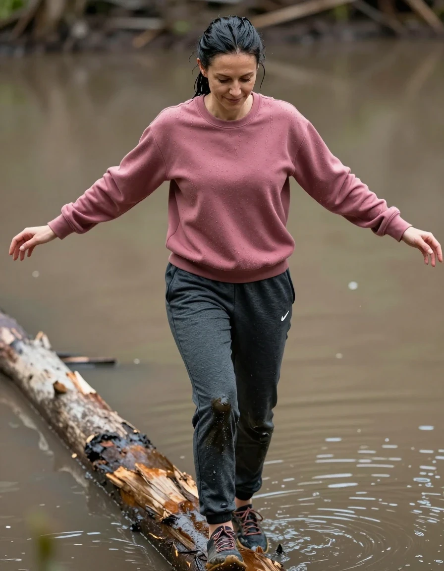 A photorealistic full-body shot of a slim European woman with tied-back black hair, navigating a narrow wooden log spanning a muddy pond. She is wearing a dark pink sweatshirt and dark grey marl Nike sweatpants, both garments visibly heavy with water, saturated, clinging to her frame with deep, dark, wet-fabric textures and realistic folds. Her skin and hair are wet, showing a natural water sheen. She is wearing muddy trainers, with dirt and moisture caked onto the soles and fabric. Her arms are outstretched to the sides for balance, her expression one of deep concentration with a faint, subtle smile. The atmosphere is damp and overcast, enhancing the glossy, wet specular highlights on her skin and the water-logged, darkened fabric of her clothes. Cinematic lighting, sharp focus on the subject, intricate textures of the wet clothing and the weathered log, shallow depth of field with the muddy pond water blurred in the background.