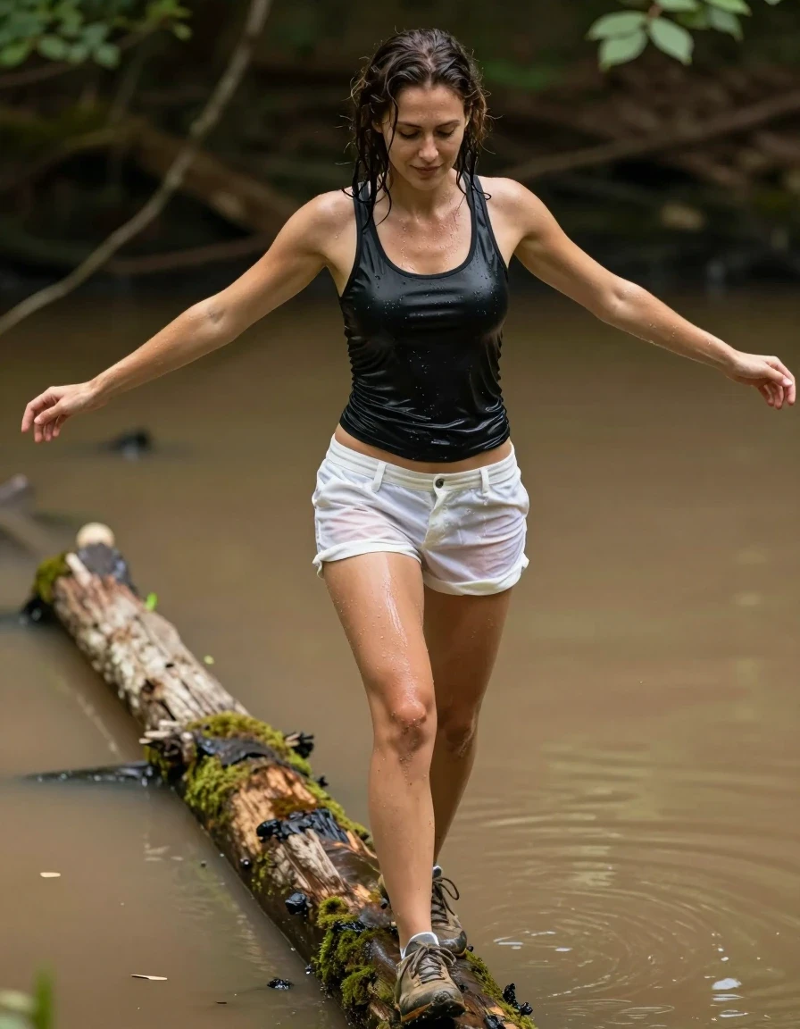 A photorealistic full-body shot of a slim Mediterranean woman with damp, tousled hair and glistening wet skin, walking across a narrow, mossy wooden log suspended over a murky, stagnant muddy pond. She is wearing a thin, black crop top that is soaking wet, clinging tightly to her torso, with visible fabric saturation, darker patches, and a heavy, weighted drape. She wears thin, white cargo shorts that are slightly see-through due to the moisture, clinging to her frame, paired with muddy, water-stained trainers on her feet. Her arms are outstretched to the sides for balance, her expression one of intense concentration with a faint, subtle smile. The lighting is natural, diffused woodland sunlight highlighting the water sheen on her skin and the heavy, soaked texture of her clothing. The atmosphere is humid and realistic, with sharp focus on the textures of the wet fabric, the muddy log, and the surrounding forest environment, shot with a shallow depth of field.