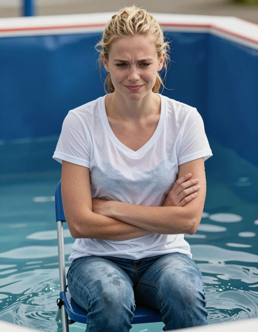 A photorealistic medium shot of a slim young adult European woman with dry blonde hair tied in a neat ponytail, wearing a crisp dry white low-neck t-shirt and dry blue jeans. She is sitting on a folding seat positioned directly over a dunk-tank filled with water. Her arms are folded across her chest, and she has a nervous, hesitant smile on her face. The lighting is bright and clear, emphasizing the dry texture of her blonde hair and the clean fabric of her clothing. The scene is captured with sharp focus, maintaining a clear distinction between the dry subject and the water below, ensuring no water droplets, dampness, or wetness affect her hair or garments. The atmosphere is tense and expectant, with the camera focused on her expression and posture against the backdrop of the dunk-tank environment.