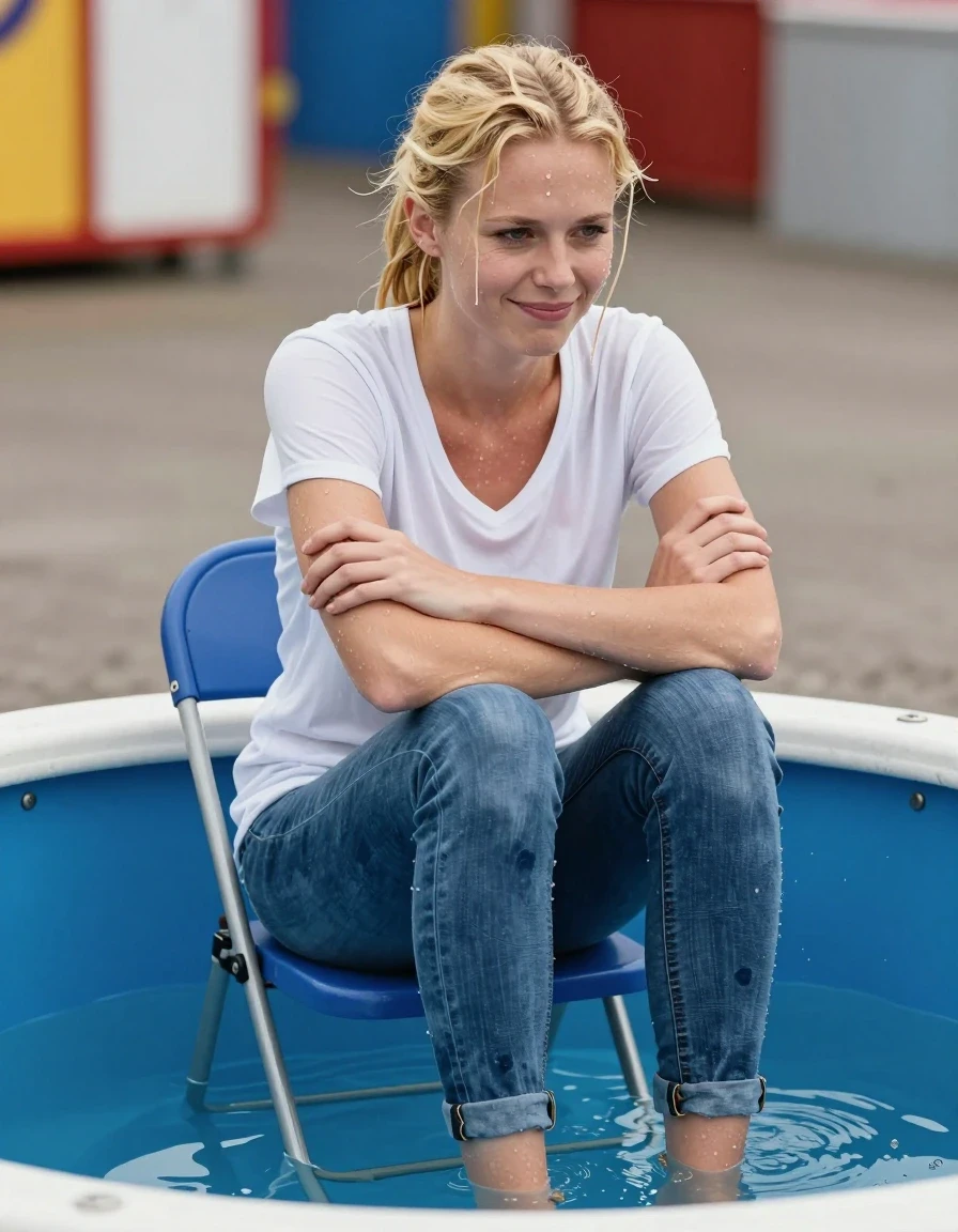 A photorealistic medium shot of a slim young adult European woman with dry, blonde hair pulled back into a neat, dry ponytail. She is wearing a dry white low-neck t-shirt and dry blue jeans, sitting on a folding seat positioned over the edge of a dunk-tank filled with water. Her bare feet are touching the surface of the water. She is sitting with her arms folded across her chest, wearing a nervous, hesitant smile. The setting is a carnival-style dunk-tank environment. The lighting is bright and natural, highlighting the dry texture of her hair and clothing. The composition is a sharp, high-detail photographic capture with a shallow depth of field, focusing on her nervous expression and the contrast between her dry appearance and the water below.