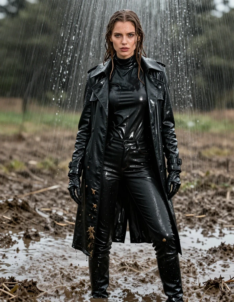 A photorealistic, high-detail full-body shot of a young adult European woman with long, dripping wet brown hair, standing directly under a heavy shower stream. She is wearing a black leather polar neck shirt, black leather jeans, a black leather trench coat, and black leather gloves on both hands, with black leather knee-high boots. The leather garments are heavily saturated, displaying deep, dark, glossy textures, water sheen, clinging folds, and heavy wet weight. Her skin is glistening with water, and her clothes and skin are visibly splattered and smeared with thick, dark mud from a muddy field. She is standing in a drenched, watery environment, with water cascading down her body. The lighting emphasizes the high-gloss specular reflections on the wet leather and damp skin, capturing the texture of the mud and the intensity of the water flow. The image maintains a focus on realistic wetness, heavy fabric saturation, and sharp photographic clarity.