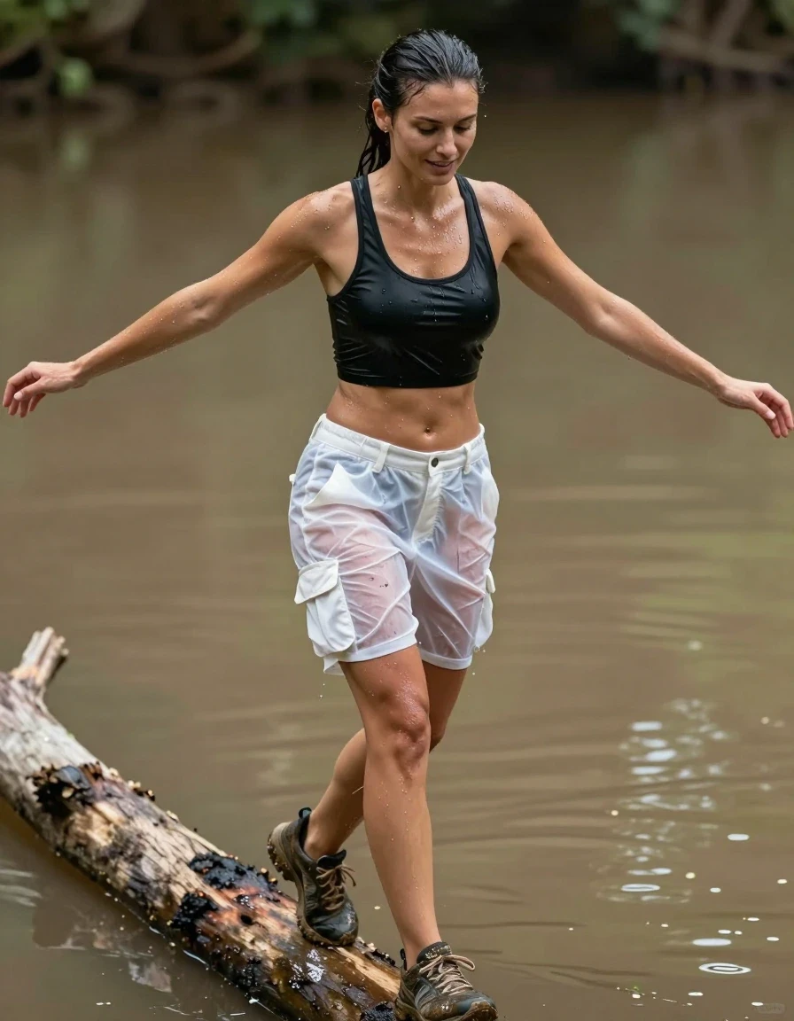 A photorealistic full-body shot of a slim Mediterranean woman with damp, slicked-back hair and glistening, water-sheened skin. She is wearing a soaking-wet, clinging black crop top that reveals the texture of her skin beneath, and thin white thigh-length cargo shorts with a belt, the fabric translucent, clinging tightly to her frame with heavy, wet folds and dark, water-saturated patches. On her feet are mud-caked, wet trainers. She is captured in a moment of delicate balance, walking across a narrow, weathered log suspended over a murky, muddy pond, her arms outstretched for stability, a faint, focused smile on her face. The lighting is natural, overcast daylight, highlighting the wet sheen on her skin and the dripping, heavy texture of her soaked clothing. High-detail photography, sharp focus on the wet fabric textures, realistic skin pores and water droplets, cinematic depth of field with the muddy pond below.
