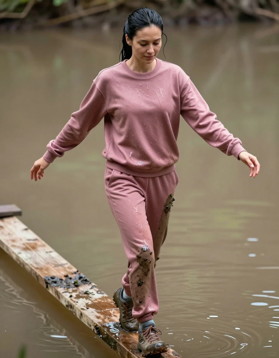A photorealistic full-body shot of a slim European woman with black hair tied back in a neat ponytail, walking across a narrow wooden beam suspended over a murky, muddy pond. She is wearing a dark pink sweatshirt and matching dark pink sweatpants, both heavily saturated with water, the fabric clinging to her frame, darkened by moisture, showing heavy wet folds, deep color saturation, and a distinct water-soaked texture. Her skin is glistening with wetness, and her hair is slicked back with damp strands framing her face. She has her arms outstretched for balance, a look of deep concentration on her face with a faint, subtle smile. She is wearing muddy, water-logged trainers that show signs of trekking through mire. The lighting is natural and diffused, highlighting the glossy specular reflections on the wet fabric and her damp skin. High-resolution, 8k, highly detailed textures, cinematic composition, sharp focus on the subject, authentic wet-look, realistic water behavior on textiles.