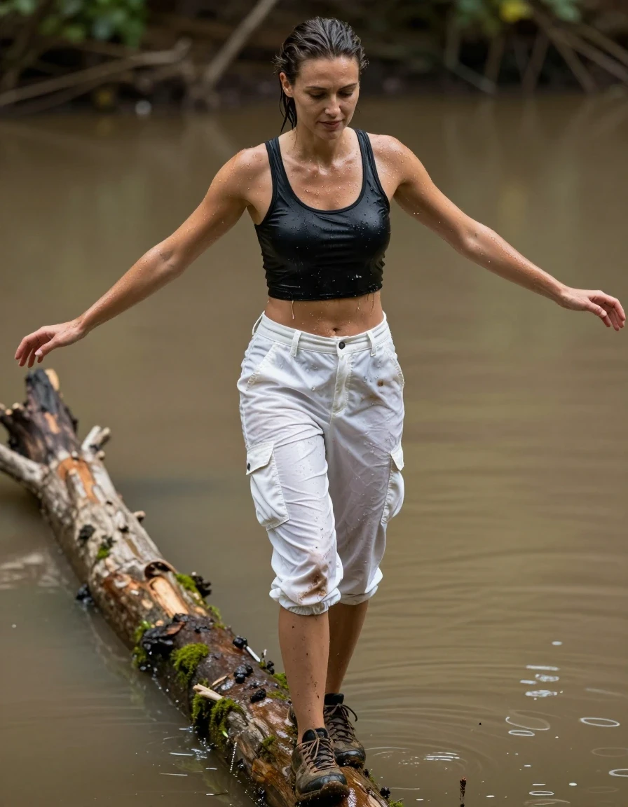 A slim Mediterranean woman with wet, slicked-back hair and glistening wet skin walking across a narrow, mossy wooded log suspended over a murky, stagnant muddy pond. She is wearing a soaking-wet black crop top that clings tightly to her torso, revealing the texture of the fabric, and thin, white, mid-length cargo shorts with a belt, which are completely saturated, heavy with water, and clinging to her legs. She wears muddy trainers that are caked in wet earth. She is posed with her arms outstretched for balance, her body tense, face showing intense concentration with a faint, subtle smile. The scene is captured in high-detail photorealistic style, emphasizing the heavy, water-logged weight of the garments, fabric transparency, and dark, soaked patches. Natural outdoor lighting highlights the wet sheen on her skin and the high-contrast textures of the muddy environment. Shallow depth of field, sharp focus on the subject, cinematic composition.