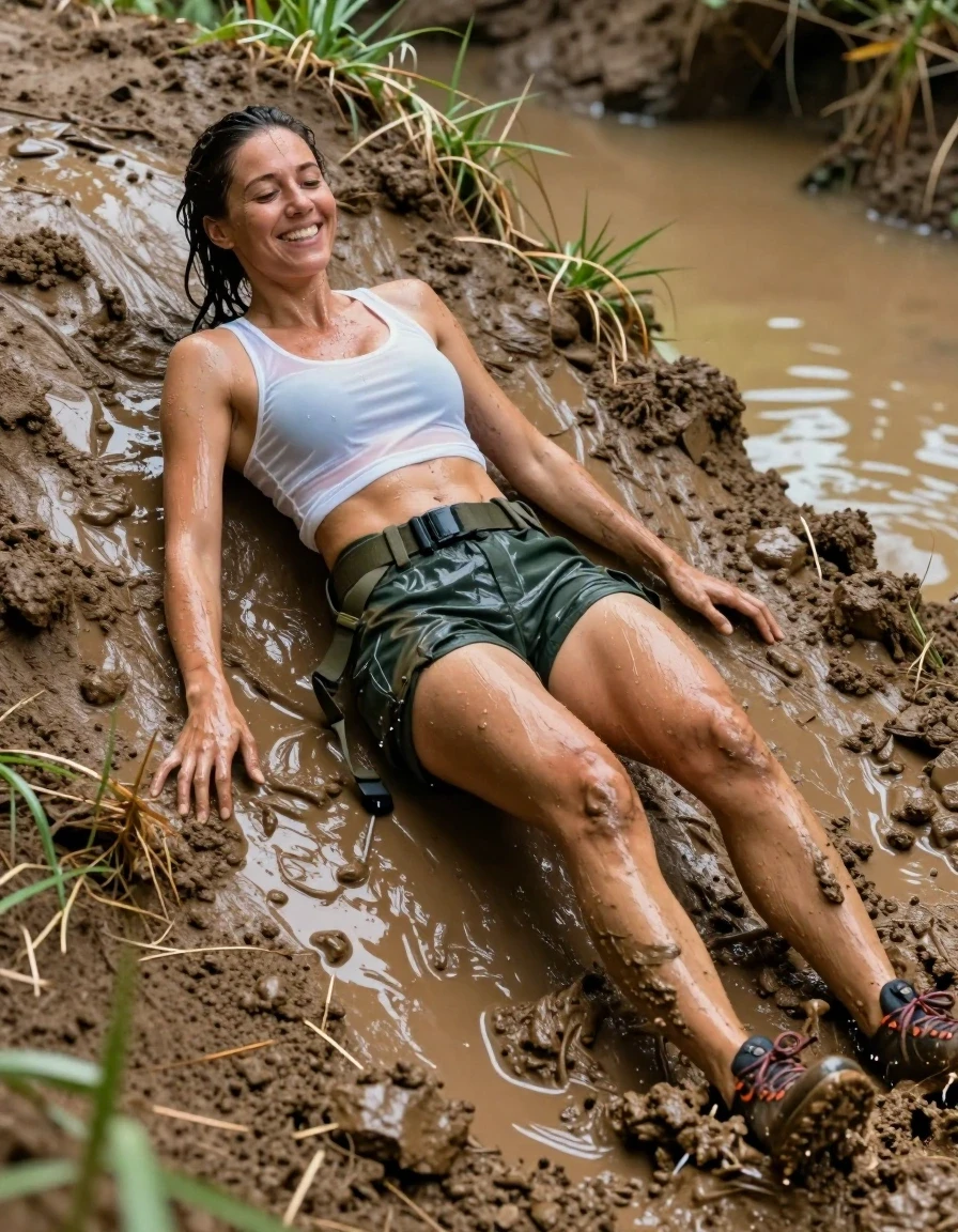 A photorealistic shot of a slim Mediterranean woman with glistening wet skin and damp hair, lying flat on her back, sliding rapidly down a steep, slick, muddy embankment on an assault course towards a murky pond. She is wearing a clinging, translucent white cropped tank top soaked with water and mud, and glistening wet dark green cargo shorts with a tactical belt. On her feet are muddy trainers caked in thick, wet earth. Her expression is joyful, with a wide smile as she slides. The scene is captured with high-speed motion, emphasizing the wet texture of her clothing, the heavy folds of the saturated fabric, and the intense sheen of water on her skin. The environment is a rugged outdoor obstacle course with churned mud, wet grass, and murky water. Cinematic lighting highlights the glistening wet surfaces and the natural texture of the mud. No harness, no safety gear, no climbing equipment, high-resolution, sharp focus, 8k, realistic textures.