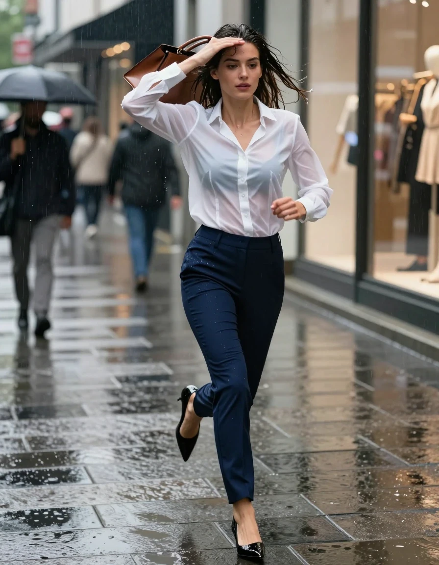 A professional young adult European woman sprinting through a bustling urban shopping district during a heavy downpour. She is wearing a fitted white button-up blouse that is sheer from intense saturation, clinging to her skin, paired with slim-fit navy blue dress trousers that are heavy with rainwater, fabric darkened and clinging to her legs. She wears black patent leather pointed-toe heels, completely drenched with raindrops. She is actively shielding her head with a leather handbag while running, droplets clinging to her hair and clothes. The setting is a rainy city sidewalk with store windows blurred in the background. Editorial fashion style, medium full-body shot, photorealistic, cinematic lighting, captured with a 35mm lens, high-quality fabric texture, realistic wet skin and hair, water sheen, heavy wet folds, and visible fabric saturation.