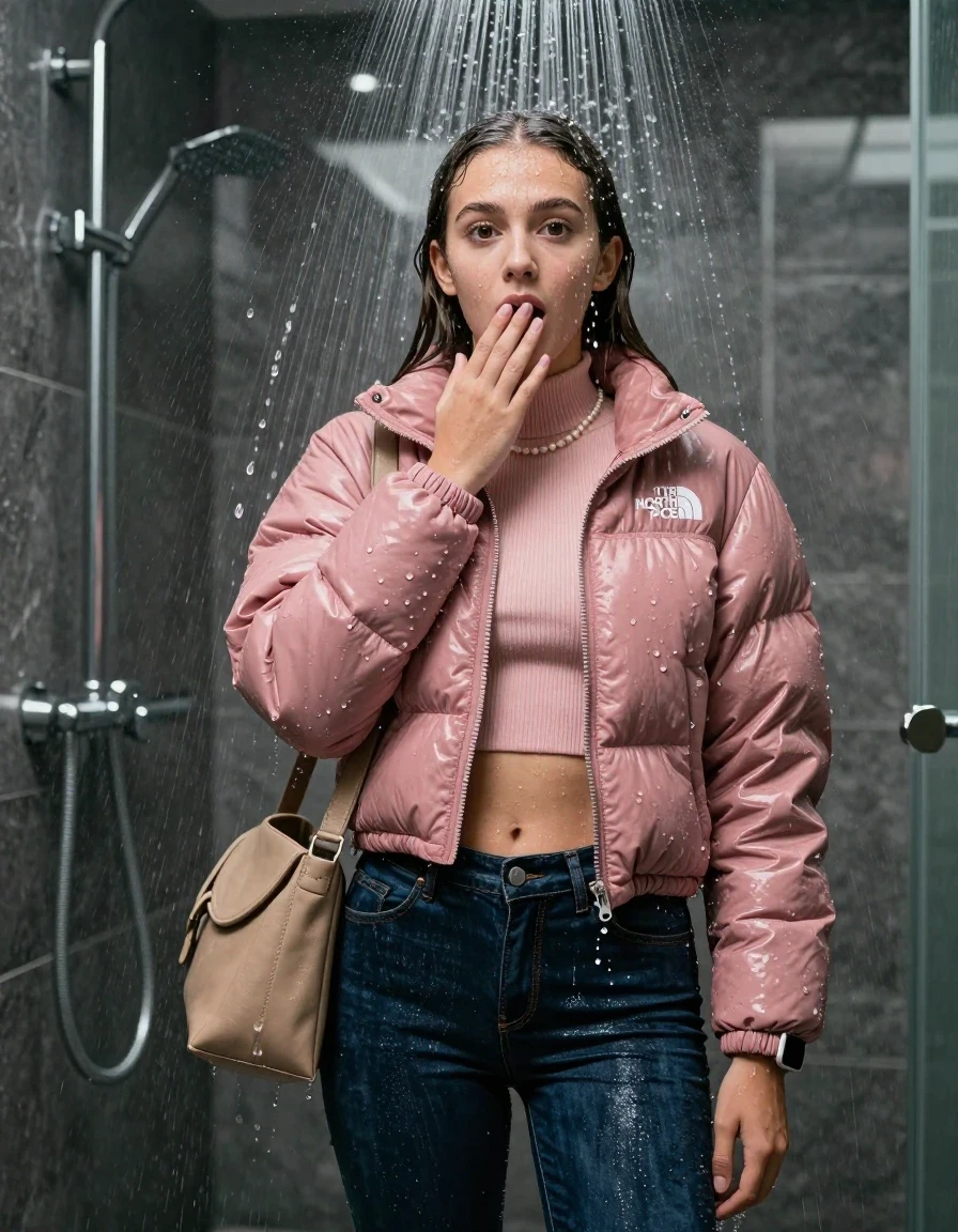 photo of young woman, in soaking wet, drenched clothes,
, glistening soaked tight skinny jeans, Glistening pink down jacket from north face,  glistening soaked tight knit turtleneck sweater belly free, shoulderbag, pearl necklace, smartwatch , 15-year-old teenage Girl standing directly under a heavy, powerful stream of water in a modern mirrored shower., 
enjoying, wet clothes stuck to body,
detailed textures of the wet clothes, wet face, wet plastered hair,
wet, drenched, professional, high-quality details, full body view.
sharp focus, ultra-high pixel detail, realistic, high-quality, full colors, incredibly detailed, 4k, 8k, 16k, hyper-realistic, RAW photo, masterpiece, ultra-detailed, professionally color graded, professional photograph, View from behind: 15-year-old teenage girl. looking at camera.
wet plastered hair. Brunett sleek long straight hair with water cascading down her face and neck. Shocked and astonished. open mouth, big. Holding her hand on her mouth.

The lighting is bright and cinematic, highlighting the glistening water droplets on her skin and the saturated texture of her clothes.

her clothes are heavy from the water, water runs from her body and her clothes in streams. A lot of water also runs out of her clothes. Her clothes are darkened by the water. Her submerged clothes are clinging wet. 
soft atmospheric lighting reflecting off the surface, cinematic medium shot, hyper-realistic wetness, high-contrast water sheen, 8k resolution, sharp focus, detailed skin texture., wet skin, wet clothes, damp fabric,, wet skin, wet clothes, damp fabric, wet skin, wet clothes, damp fabric, wet skin, wet clothes, damp fabric, wet skin, wet clothes, damp fabric, wet skin, wet clothes, damp fabric, wet skin, wet clothes, damp fabric, wet skin, wet clothes, damp fabric, wet skin, wet clothes, damp fabric, wet skin, wet clothes, damp fabric, wet skin, wet clothes, damp fabric, wet skin, wet clothes, damp fabric