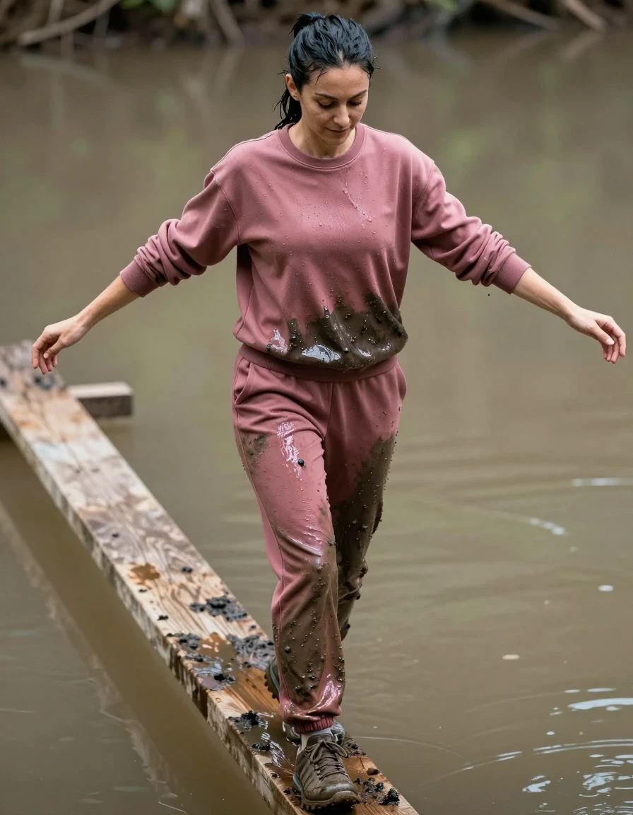 A slim European woman with tied-back black hair, captured in a photorealistic full-body shot as she carefully walks across a narrow, weathered wooden beam suspended over a murky, muddy pond. She is wearing a dark pink sweatshirt and matching dark pink sweatpants, both heavily saturated with water, clinging to her frame with deep, darkened fabric tones, heavy wet folds, and a glossy, water-logged sheen. Her muddy trainers are caked in dark silt. Her skin is glistening with moisture, and her hair is damp and plastered to her head. She has her arms outstretched for balance, her expression one of intense concentration with a faint, subtle smile. The lighting is natural and diffuse, highlighting the heavy texture of the sodden fabric and the wet sheen on her skin. High-detail photographic style, sharp focus, cinematic composition, authentic wet-look textures.