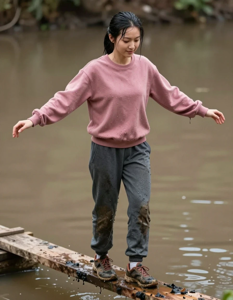 A photorealistic medium shot of a slim young adult European woman with tied-back black hair, standing on a narrow, weathered wooden beam suspended over a murky, stagnant muddy pond. Her skin is glistening with moisture, and her black hair is damp and slicked back. She wears a dark pink sweatshirt and dark grey marl sweatpants, both heavily saturated with water, causing the fabrics to cling to her frame, darken in color, and hang with heavy, realistic wet folds. She is wearing muddy trainers that are stained and damp. Her arms are outstretched to the sides for balance, her expression one of deep concentration with a faint, subtle smile. The lighting is natural and diffuse, highlighting the sheen on her wet skin and the heavy, sodden texture of the water-logged fabric. The scene is captured with sharp focus, emphasizing the contrast between the muddy water below and the damp, textured clothing.