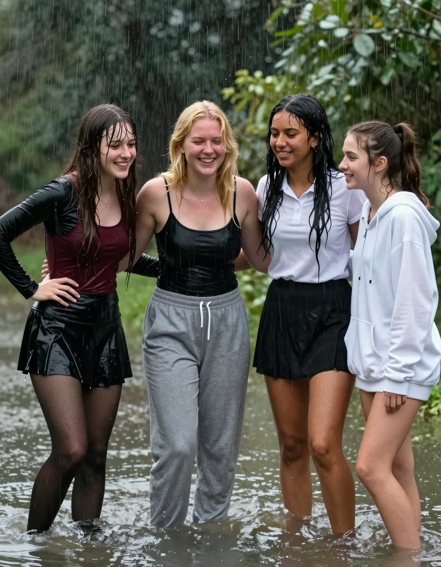 photo of young woman, in soaking wet, drenched clothes,
, , clothes, 4.college girls playing in a flooded forest in the heavy rain , 
enjoying, wet clothes stuck to body,
detailed textures of the wet clothes, wet face, wet plastered hair,
wet, drenched, professional, high-quality details, full body view.
sharp focus, ultra-high pixel detail, realistic, high-quality, full colors, incredibly detailed, 4k, 8k, 16k, hyper-realistic, RAW photo, masterpiece, ultra-detailed, professionally color graded, professional photograph, Small college girls both having fun together. both similar age, a small nineteen year old girl, with a flat and slim body, skinny body, flat and skinny chest, a She has a wide square young face but a small very skinny waist and skinny legs, a very small chest and very small breasts, she is a pale brunette with long hair and bangs. She is full of youthful energy. wearing a black long sleeve shirt underneath a maroon tank top and a cute
Black skirt and tights. she has her hands on her hips,. Her friend has blonde hair and large size DD breasts,a wide square face. she is wearing a black spaghetti strap tank top and grey sweatpants. The third girl is 19, with a tan complexion and dark black hair, she is wearing a white polo over a black knee length skirt.  The 4th girl is small, she is brunette with an athletic ponytail, she is small and very skinny, with a thin body, a small thin chest and legs,, she is wearing only a white hoodie and is bottomless, half naked. all of them except the blonde girl have very small breasts. wet skin, wet clothes, damp fabric,, wet skin, wet clothes, damp fabric, wet skin, wet clothes, damp fabric, wet skin, wet clothes, damp fabric, wet skin, wet clothes, damp fabric