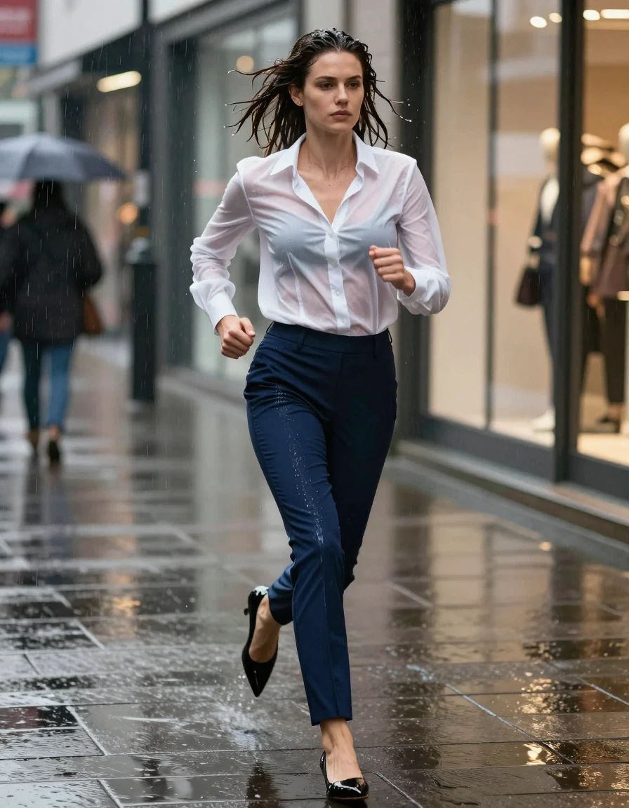 A professional young adult European woman sprinting through a bustling urban shopping district during a heavy downpour. She is wearing a fitted white button-up blouse that is sheer from intense water saturation, clinging to her skin, paired with slim-fit navy blue dress trousers that are heavy with rainwater, fabric dark and clinging to her legs. She wears black patent leather pointed-toe heels, completely drenched with raindrops, the surface reflecting the city lights. She is shielding her head with a leather handbag, her expression focused and serious, hair damp with droplets clinging to strands. The background features blurred store windows and wet city sidewalks. Cinematic lighting, medium full-body shot, 35mm lens, high-quality fabric textures, sharp focus, realistic water sheen, heavy wet folds, professional editorial fashion style.