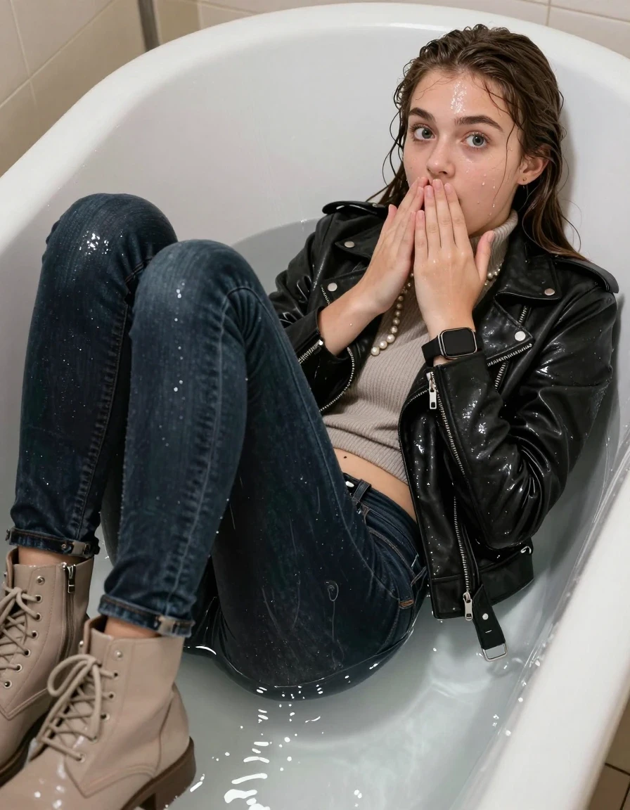 photo of young woman, in soaking wet, drenched clothes,
Beige boots, glistening soaked tight skinny jeans, Glistening black biker leatherjacket,  glistening soaked tight knit turtleneck sweater belly free, shoulderbag, pearl necklace, smartwatch , 15-year-old teenage Girl lying in a warm bathtub with only her head above the water, 
enjoying, wet clothes stuck to body,
detailed textures of the wet clothes, wet face, wet plastered hair,
wet, drenched, professional, high-quality details, full body view.
sharp focus, ultra-high pixel detail, realistic, high-quality, full colors, incredibly detailed, 4k, 8k, 16k, hyper-realistic, RAW photo, masterpiece, ultra-detailed, professionally color graded, professional photograph, 15-year-old teenage girl. looking at camera.
wet plastered hair. Brunett sleek long straight hair. shocked and astonished. open mouth, big eyes. hold her hands over her mouth.

her clothes are heavy from the water, water runs from her body and her clothes in streams. A lot of water also runs out of her clothes. Her clothes are darkened by the water. Her submerged clothes are clinging wet. 
soft atmospheric lighting reflecting off the surface, cinematic medium shot, hyper-realistic wetness, high-contrast water sheen, 8k resolution, sharp focus, detailed skin texture., wet skin, wet clothes, damp fabric,, wet skin, wet clothes, damp fabric, wet skin, wet clothes, damp fabric, wet skin, wet clothes, damp fabric, wet skin, wet clothes, damp fabric, wet skin, wet clothes, damp fabric, wet skin, wet clothes, damp fabric, wet skin, wet clothes, damp fabric, wet skin, wet clothes, damp fabric, wet skin, wet clothes, damp fabric, wet skin, wet clothes, damp fabric, wet skin, wet clothes, damp fabric
