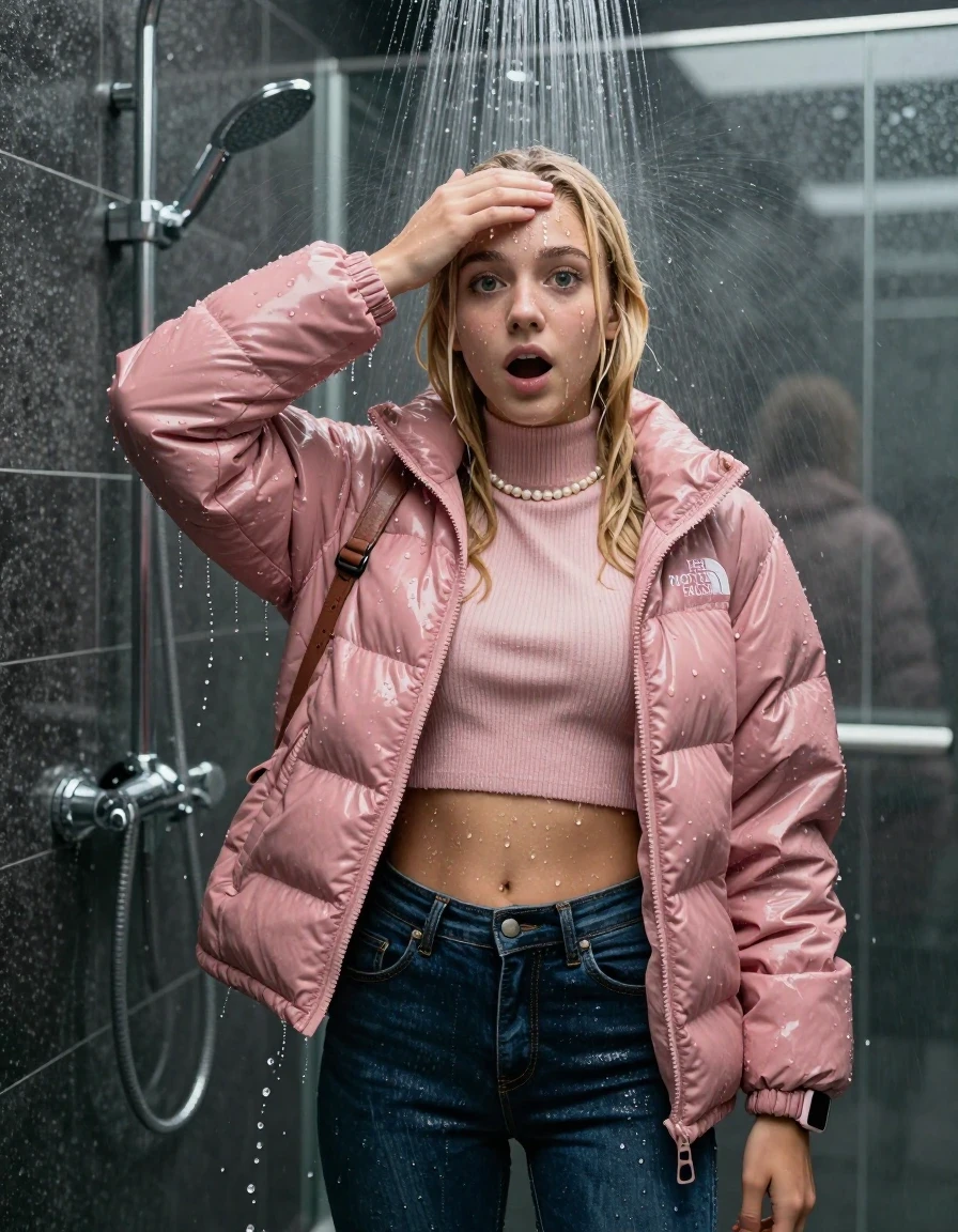 photo of young woman, in soaking wet, drenched clothes,
, glistening soaked tight skinny jeans, Glistening pink down jacket from north face,  glistening soaked tight knit turtleneck sweater belly free, shoulderbag, pearl necklace, smartwatch , 15-year-old teenage Girl standing directly under a heavy, powerful stream of water in a modern mirrored shower., 
enjoying, wet clothes stuck to body,
detailed textures of the wet clothes, wet face, wet plastered hair,
wet, drenched, professional, high-quality details, full body view.
sharp focus, ultra-high pixel detail, realistic, high-quality, full colors, incredibly detailed, 4k, 8k, 16k, hyper-realistic, RAW photo, masterpiece, ultra-detailed, professionally color graded, professional photograph, View from behind: 15-year-old teenage girl. looking at camera.
wet plastered hair. Blonde sleek long straight hair with water cascading down her face and neck. Shocked and astonished. open mouth, big eyes. Holding her hand on her forehead.

The lighting is bright and cinematic, highlighting the glistening water droplets on her skin and the saturated texture of her clothes.

her clothes are heavy from the water, water runs from her body and her clothes in streams. A lot of water also runs out of her clothes. Her clothes are darkened by the water. Her submerged clothes are clinging wet. 
soft atmospheric lighting reflecting off the surface, cinematic medium shot, hyper-realistic wetness, high-contrast water sheen, 8k resolution, sharp focus, detailed skin texture., wet skin, wet clothes, damp fabric,, wet skin, wet clothes, damp fabric, wet skin, wet clothes, damp fabric, wet skin, wet clothes, damp fabric, wet skin, wet clothes, damp fabric, wet skin, wet clothes, damp fabric, wet skin, wet clothes, damp fabric, wet skin, wet clothes, damp fabric, wet skin, wet clothes, damp fabric, wet skin, wet clothes, damp fabric, wet skin, wet clothes, damp fabric, wet skin, wet clothes, damp fabric