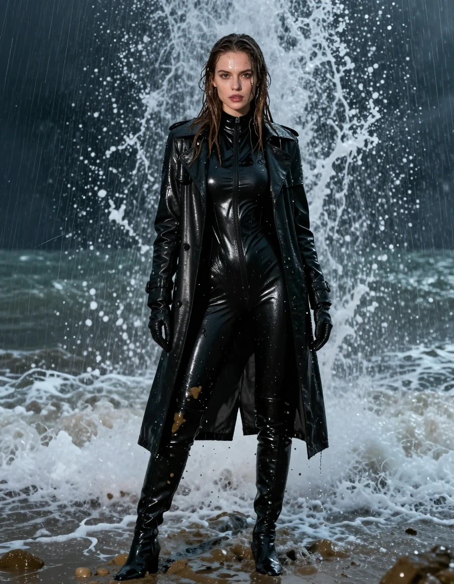 A photorealistic, full-body shot of a young adult European woman with long, dripping wet brown hair, standing in the churning surf at a beach during a dark, stormy night. Her skin is glistening and soaked from the heavy rain, and she is heavily splattered with thick, dark mud. She is wearing a full-body black PVC catsuit that clings to her frame, layered with a black PVC polar neck shirt, a long black leather trench coat, and black leather gloves on both hands. She wears sleek black leather knee-high boots. She is standing directly under a powerful fountain of water, causing her clothes and hair to be completely drenched, with water cascading down her body, creating heavy wet folds, darkened fabric tones, and intense glossy specular reflections on the PVC and leather surfaces. The atmosphere is moody and cinematic, with rain droplets visible in the air, heavy shadows, and the cold, wet texture of mud and water clinging to every surface. High-detail photography, sharp focus, realistic textures, no nudity.