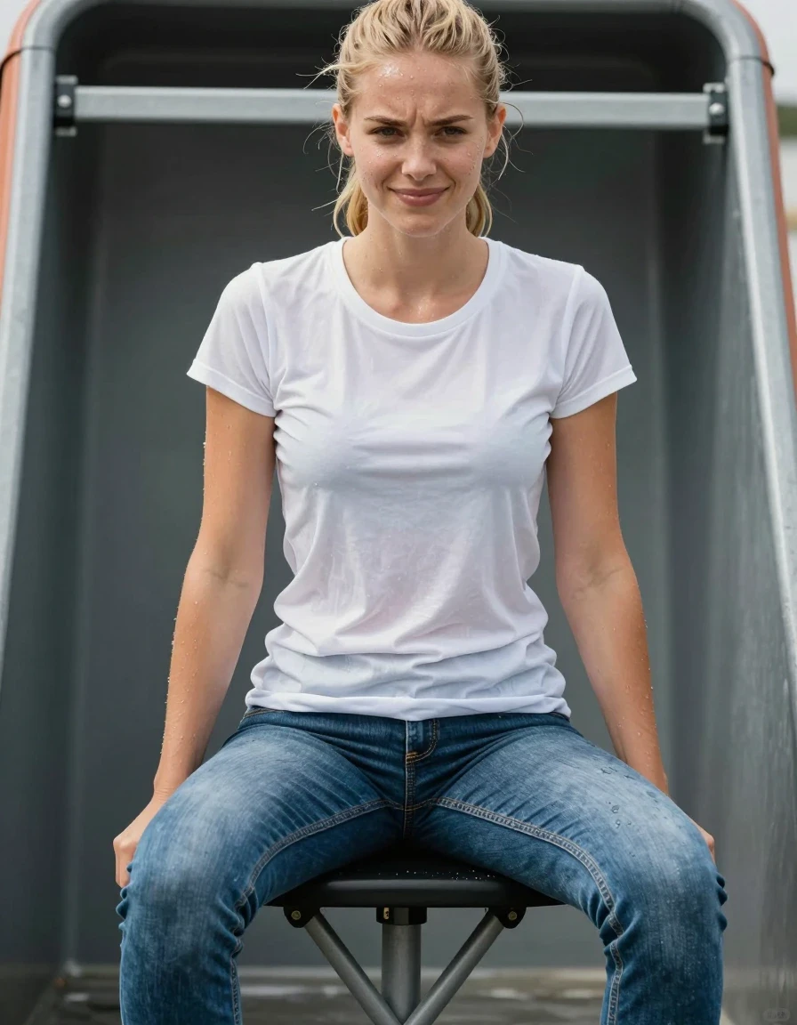 A photorealistic medium shot of a slim young European woman with dry blonde hair tied in a neat, dry ponytail, sitting on a folding seat positioned directly over a dunk-tank. She is wearing a clean, crisp, dry white t-shirt and perfectly dry blue jeans. Her expression is a nervous smile as she balances on the seat. The scene is captured in clear, natural daylight, ensuring the clothing remains entirely dry with no moisture, no water sheen, no damp patches, and no clinging fabric. The white t-shirt is bright and matte, and the blue jeans show the natural texture and dry finish of cotton denim without any water saturation or darkening. The background features the metal frame of the dunk-tank mechanism. Sharp focus, high-resolution photography, natural skin textures, clean environment, no water elements present.