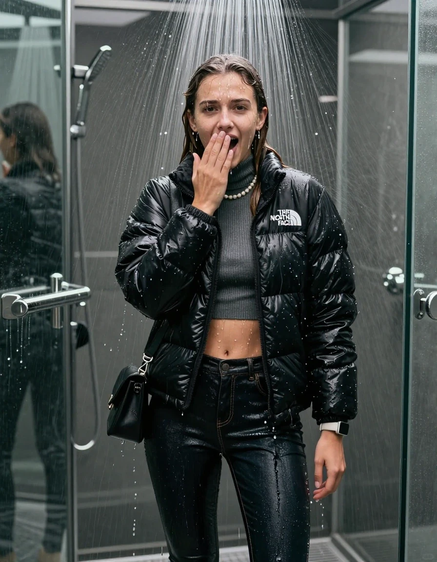 photo of young woman, in soaking wet, drenched clothes,
, glistening soaked tight skinny jeans, Glistening black down jacket from north face,  glistening soaked tight knit turtleneck sweater belly free, shoulderbag, pearl necklace, smartwatch , 15-year-old teenage Girl standing directly under a heavy, powerful stream of water in a modern mirrored shower., 
enjoying, wet clothes stuck to body,
detailed textures of the wet clothes, wet face, wet plastered hair,
wet, drenched, professional, high-quality details, full body view.
sharp focus, ultra-high pixel detail, realistic, high-quality, full colors, incredibly detailed, 4k, 8k, 16k, hyper-realistic, RAW photo, masterpiece, ultra-detailed, professionally color graded, professional photograph, View from behind: 15-year-old teenage girl. looking at camera.
wet plastered hair. Brunett sleek long straight hair with water cascading down her face and neck. Fearful and astonished bit she giggles. open mouth, big. Holding her hand on her mouth.

The lighting is bright and cinematic, highlighting the glistening water droplets on her skin and the saturated texture of her clothes.

her clothes are heavy from the water, water runs from her body and her clothes in streams. A lot of water also runs out of her clothes. Her clothes are darkened by the water. Her submerged clothes are clinging wet. 
soft atmospheric lighting reflecting off the surface, cinematic medium shot, hyper-realistic wetness, high-contrast water sheen, 8k resolution, sharp focus, detailed skin texture., wet skin, wet clothes, damp fabric,, wet skin, wet clothes, damp fabric, wet skin, wet clothes, damp fabric, wet skin, wet clothes, damp fabric, wet skin, wet clothes, damp fabric, wet skin, wet clothes, damp fabric, wet skin, wet clothes, damp fabric, wet skin, wet clothes, damp fabric, wet skin, wet clothes, damp fabric, wet skin, wet clothes, damp fabric, wet skin, wet clothes, damp fabric, wet skin, wet clothes, damp fabric