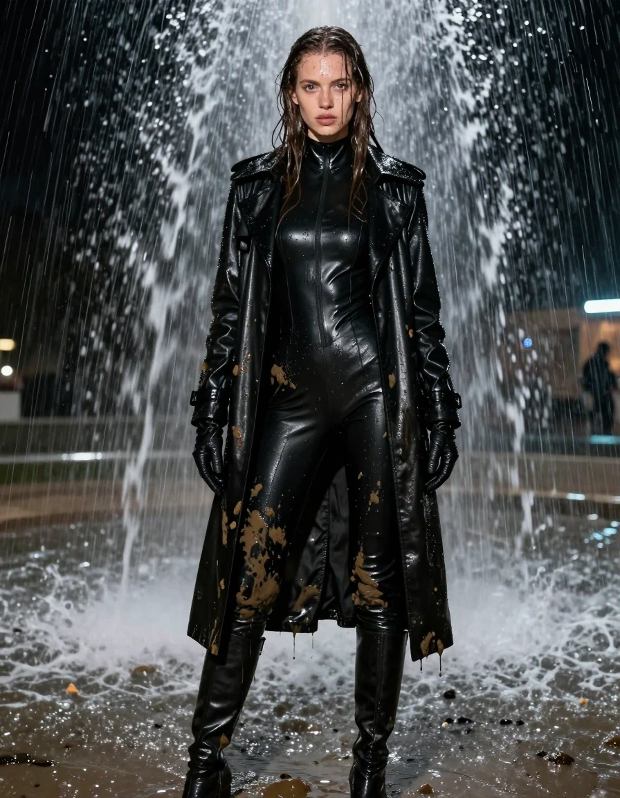 A photorealistic full-body shot of a young adult European woman with long, dripping wet brown hair, skin glistening with water and smeared with streaks of dark mud. She is wearing a tight-fitting black PVC catsuit, a black PVC polar neck shirt, and a sleek black leather trench coat, all clinging to her body with heavy, damp fabric textures and darker soaked patches. She wears black leather knee-high boots and black leather gloves on both hands. The woman is standing directly under a deluge of water from a fountain at a beach at night, amidst heavy rain and crashing waves. The scene is characterized by intense wetness, with water sheen on her skin, heavy fabric folds, and mud splatters covering her attire. High-contrast night lighting, cinematic photography, sharp focus on the textures of wet PVC, leather, and mud, 8k resolution, hyper-realistic water effects.